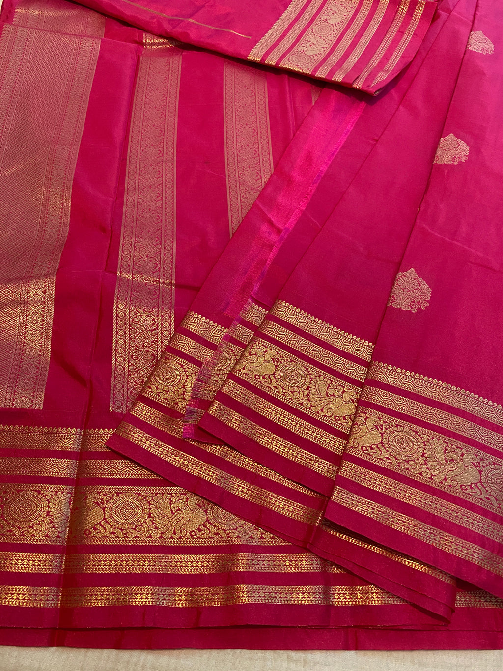Rani Pink Premium Semi-Kanchipuram Silk Saree with Gold Zari Border & Traditional Pallu