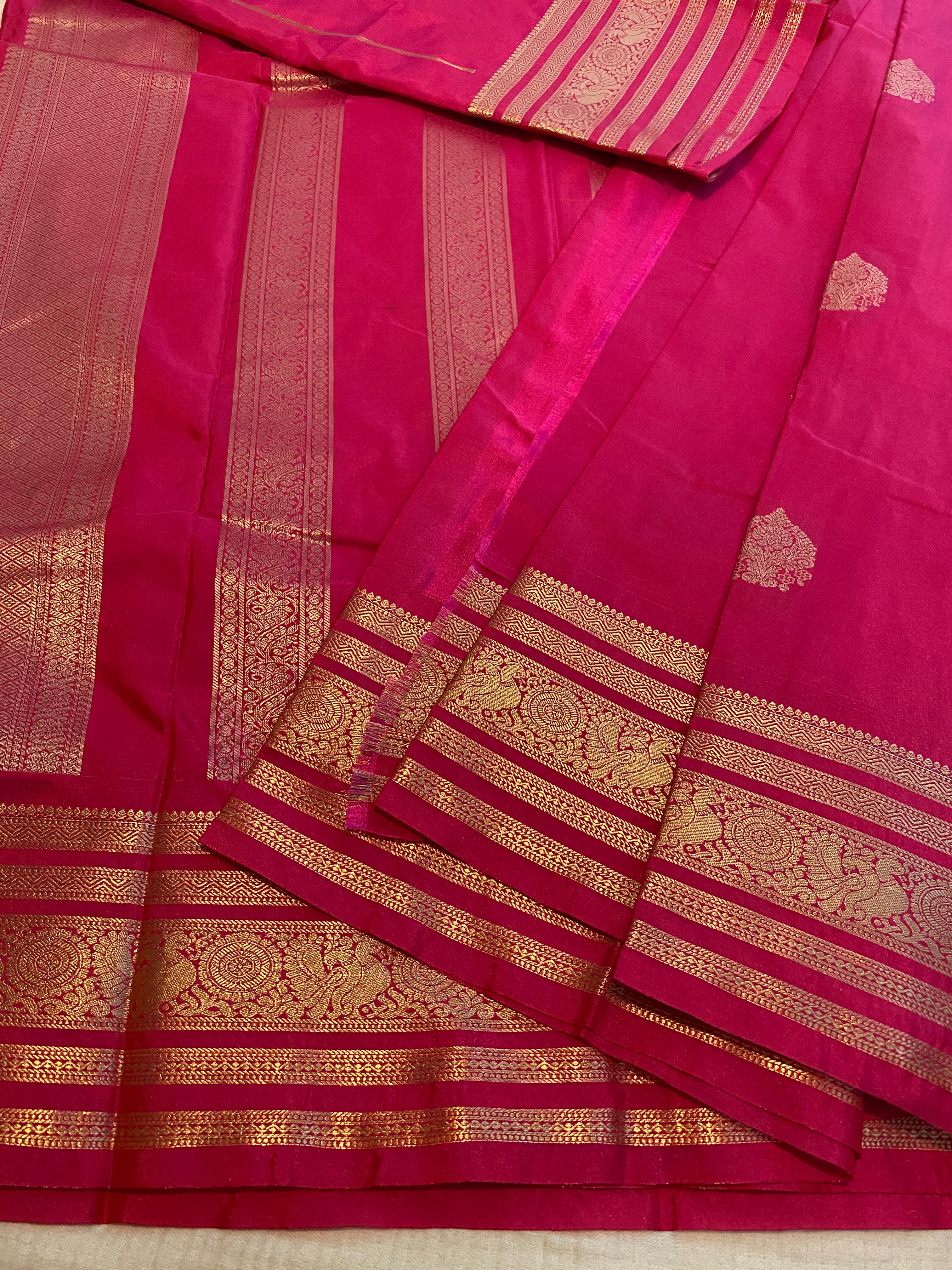 Rani Pink Premium Semi-Kanchipuram Silk Saree with Gold Zari Border & Traditional Pallu