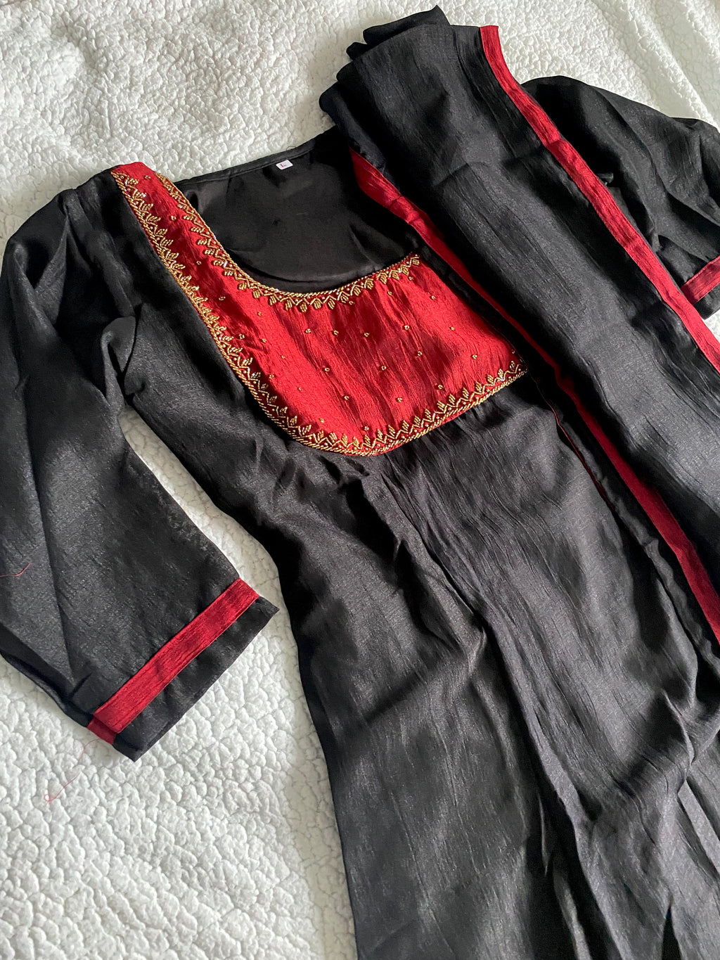 Black Handworked Semi-Raw Silk A-Line Top with Dupatta