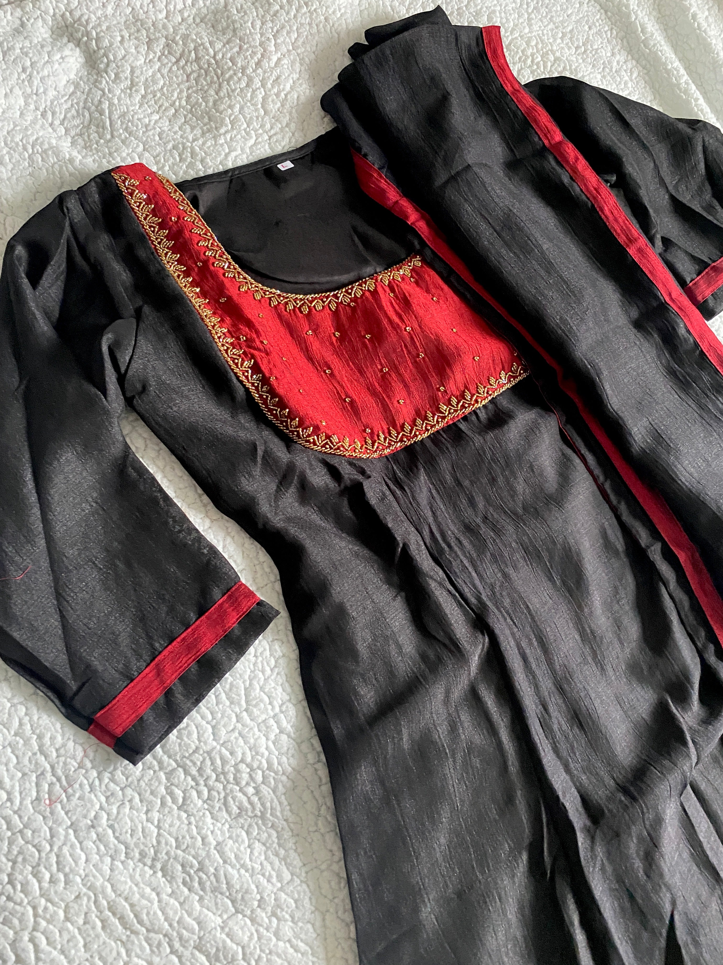 Black Handworked Semi-Raw Silk A-Line Top with Dupatta