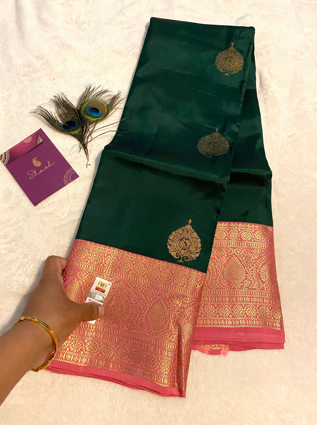 Pure Kanchipuram Silk Saree | Emerald Green with Pink Gold Zari Border