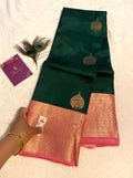 Pure Kanchipuram Silk Saree | Emerald Green with Pink Gold Zari Border