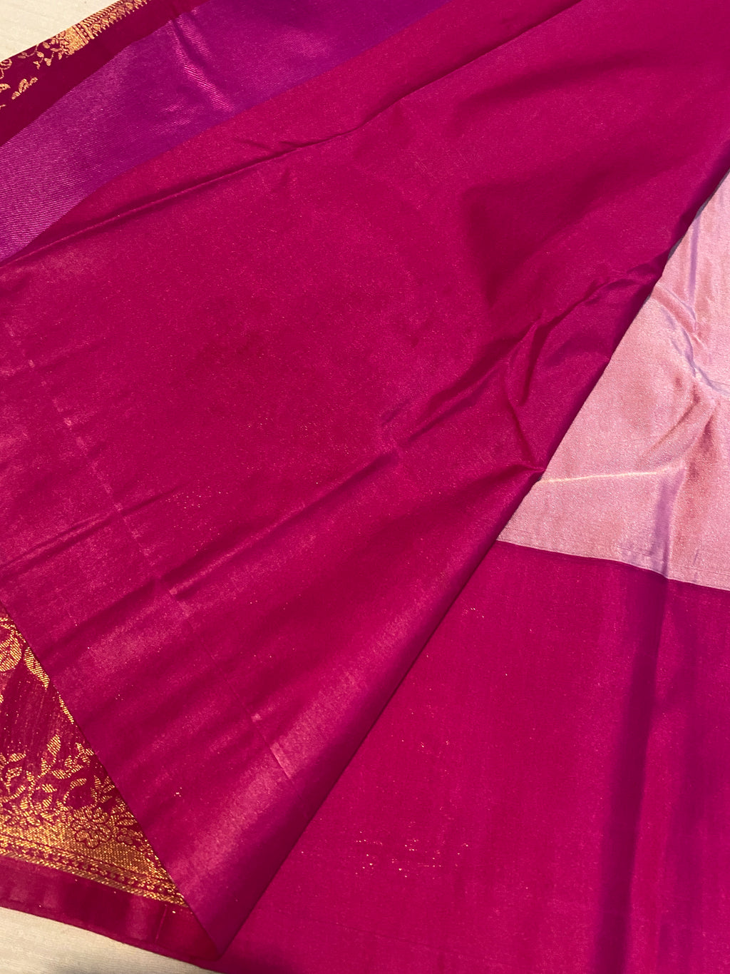 Blush Pink Premium Semi-Kanchipuram Silk Saree with Magenta Pink Floral Gold Zari Border & Pallu