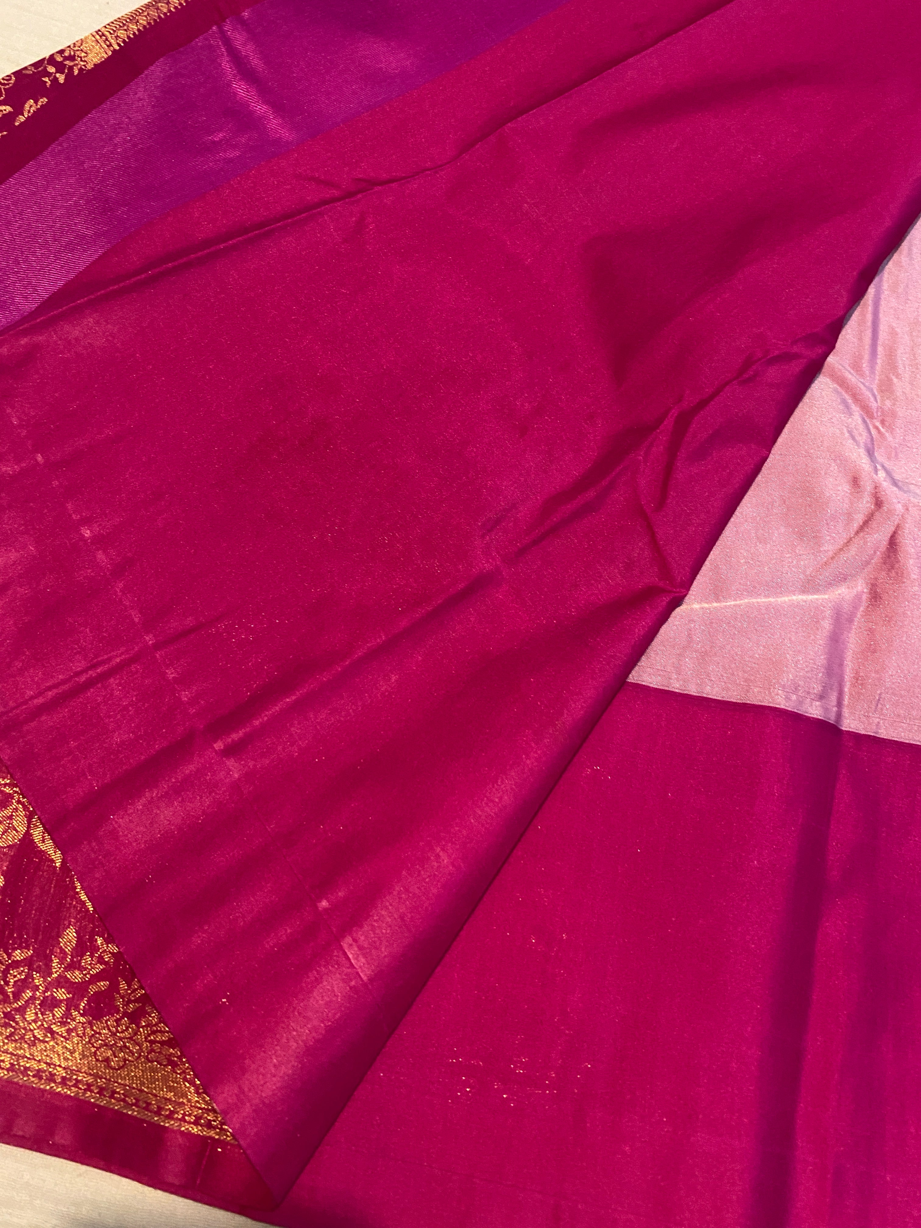 Blush Pink Premium Semi-Kanchipuram Silk Saree with Magenta Pink Floral Gold Zari Border & Pallu