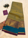 Pure Kanchi Cotton Saree | Olive Green with Contrast Blue Border