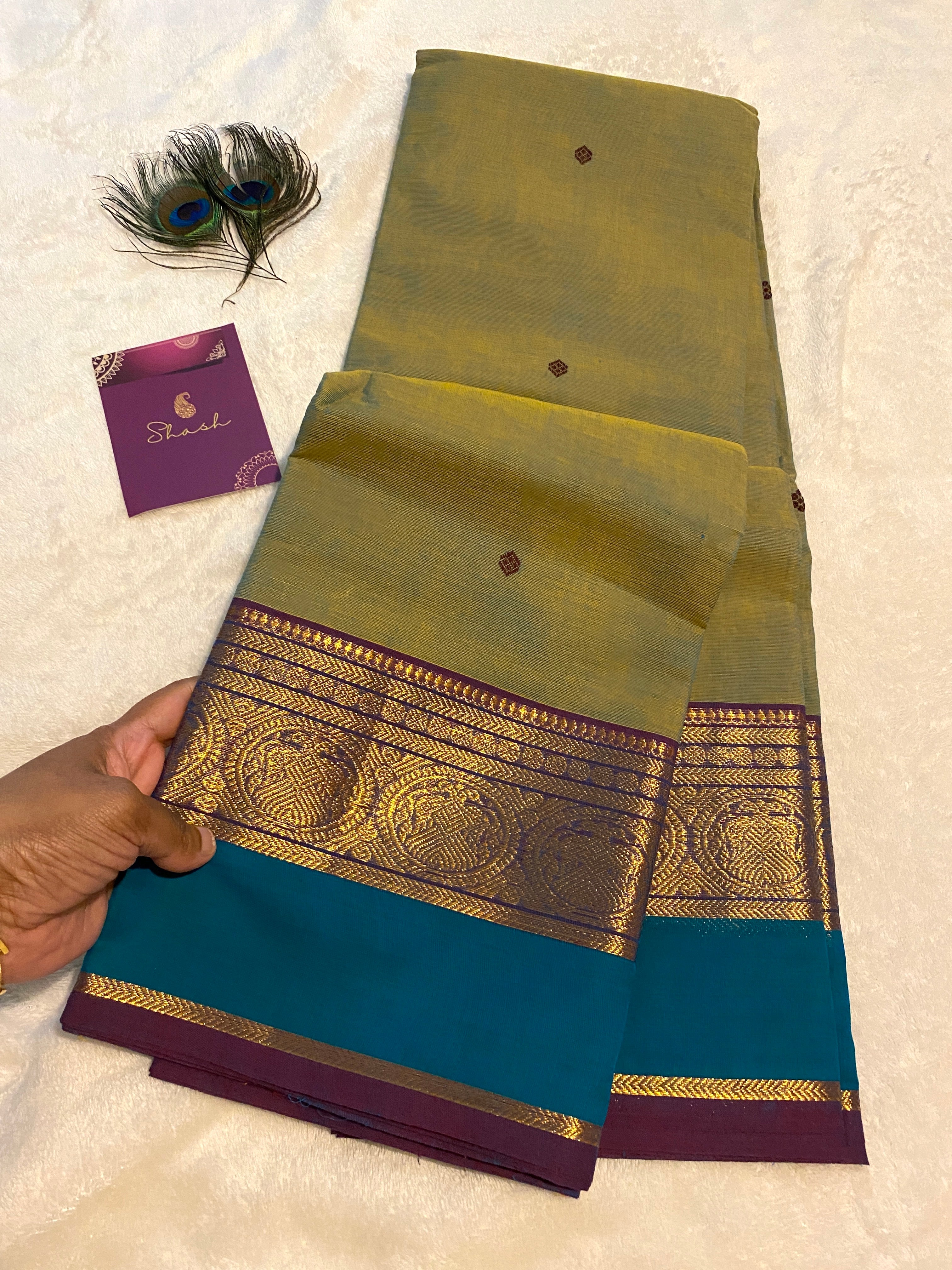 Pure Kanchi Cotton Saree | Olive Green with Contrast Blue Border