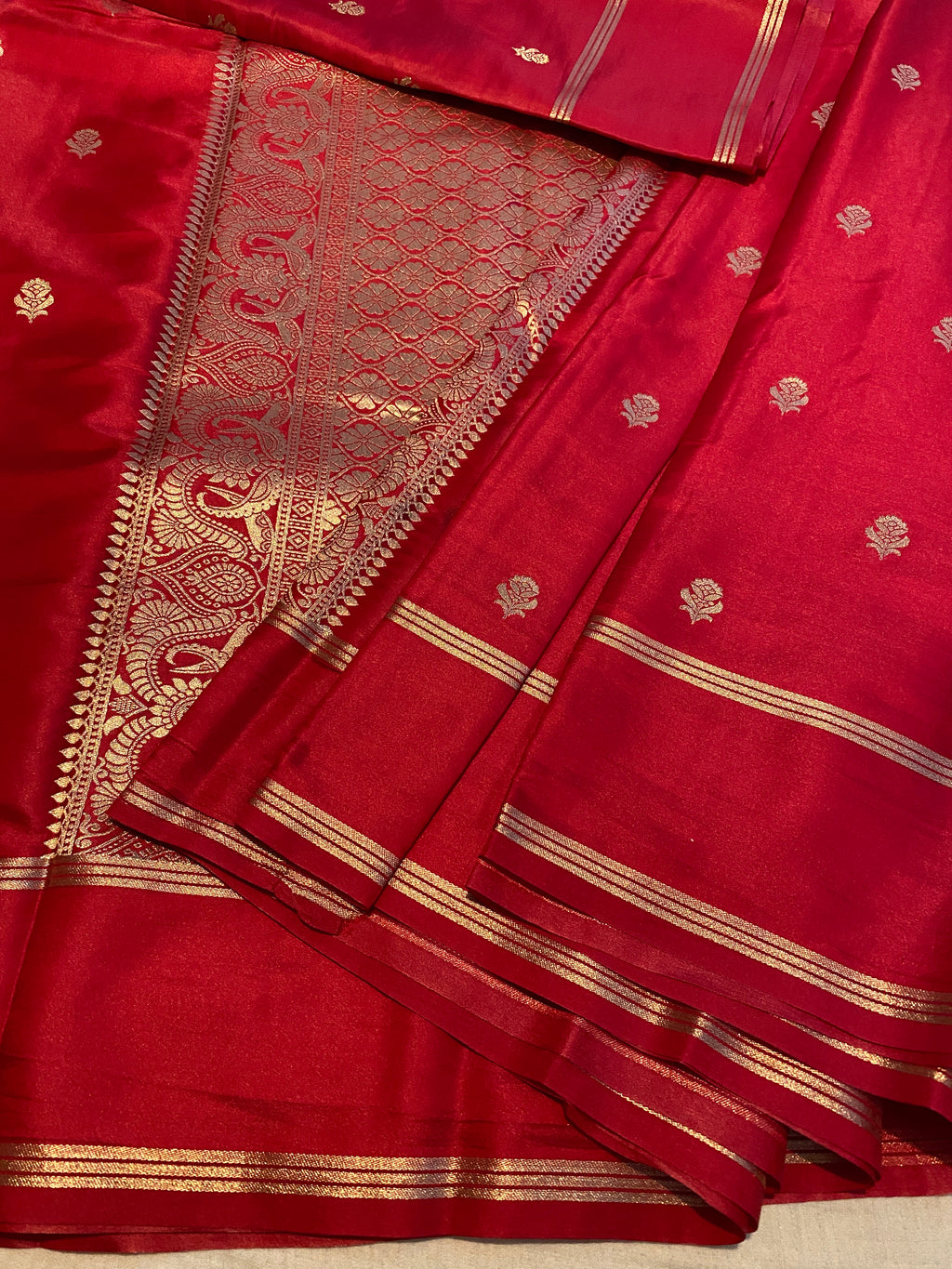 Red Gajji Silk Fancy Saree with Gold Zari Border & Woven Pallu