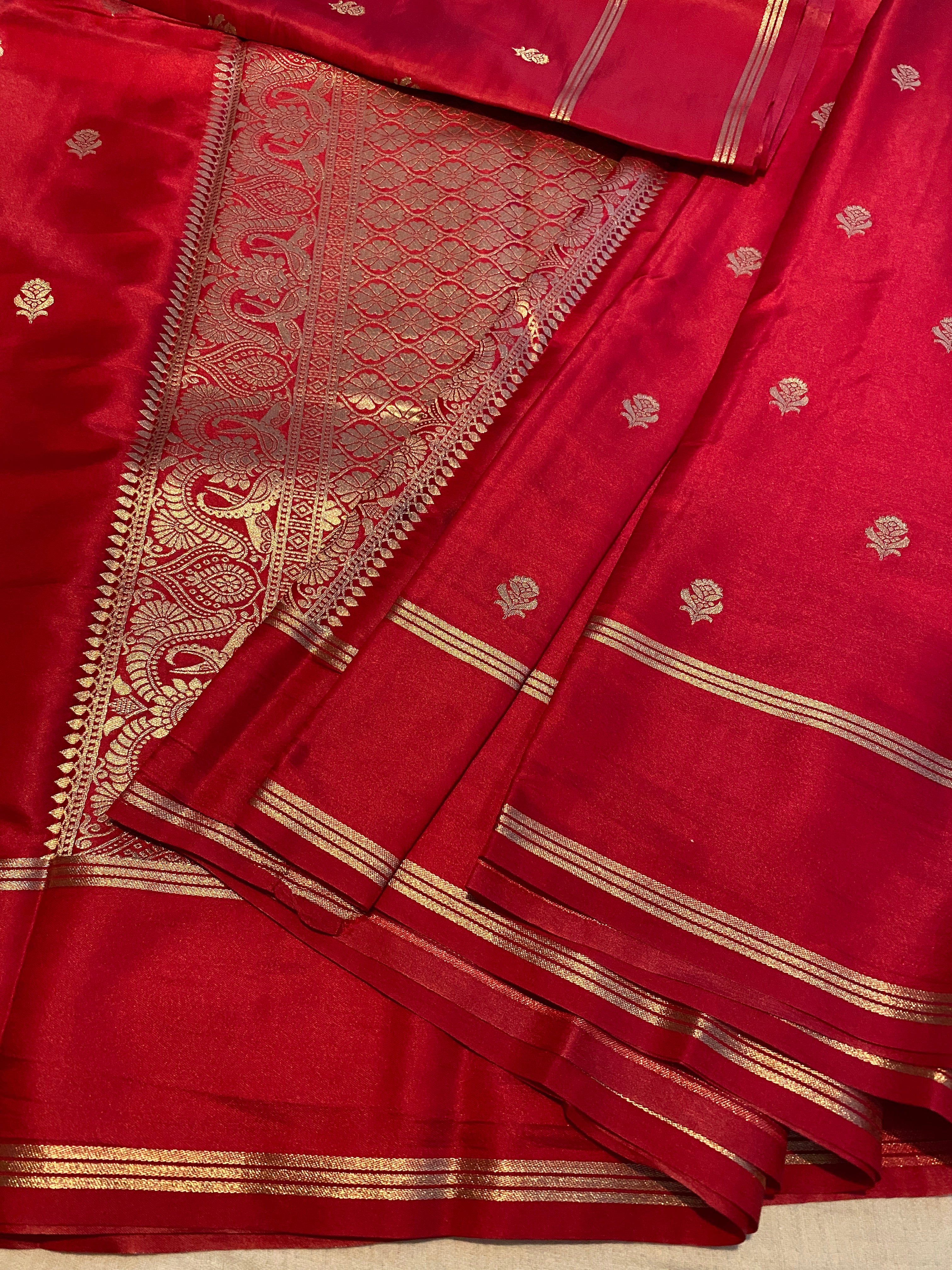 Red Gajji Silk Fancy Saree with Gold Zari Border & Woven Pallu