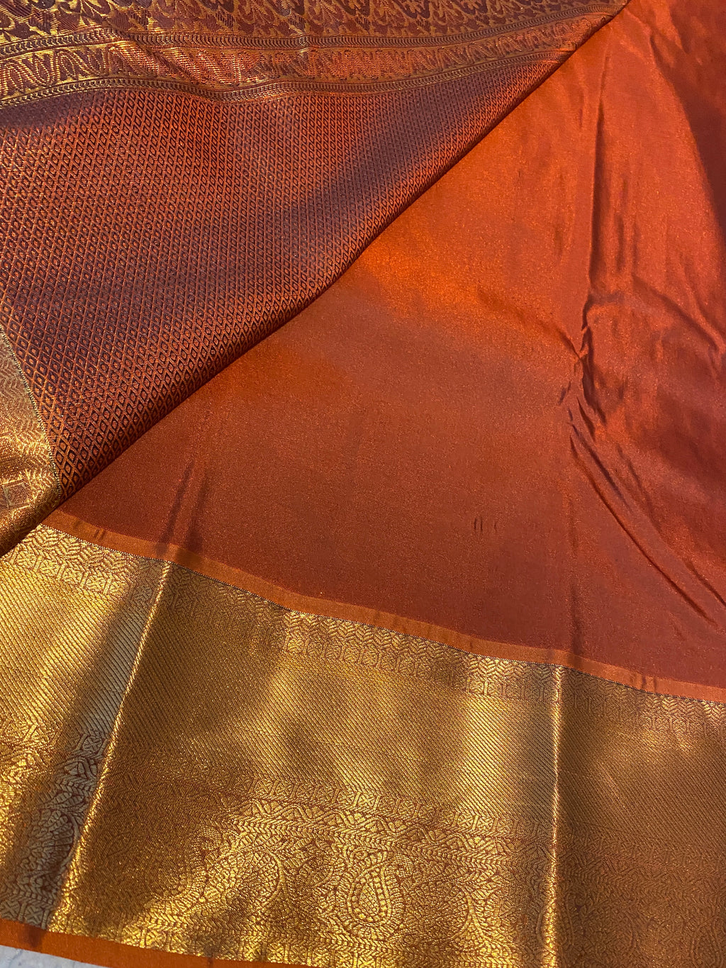Coffee Maroon & Rust Orange Semi-Kanchipuram Silk Saree with Gold Zari Border