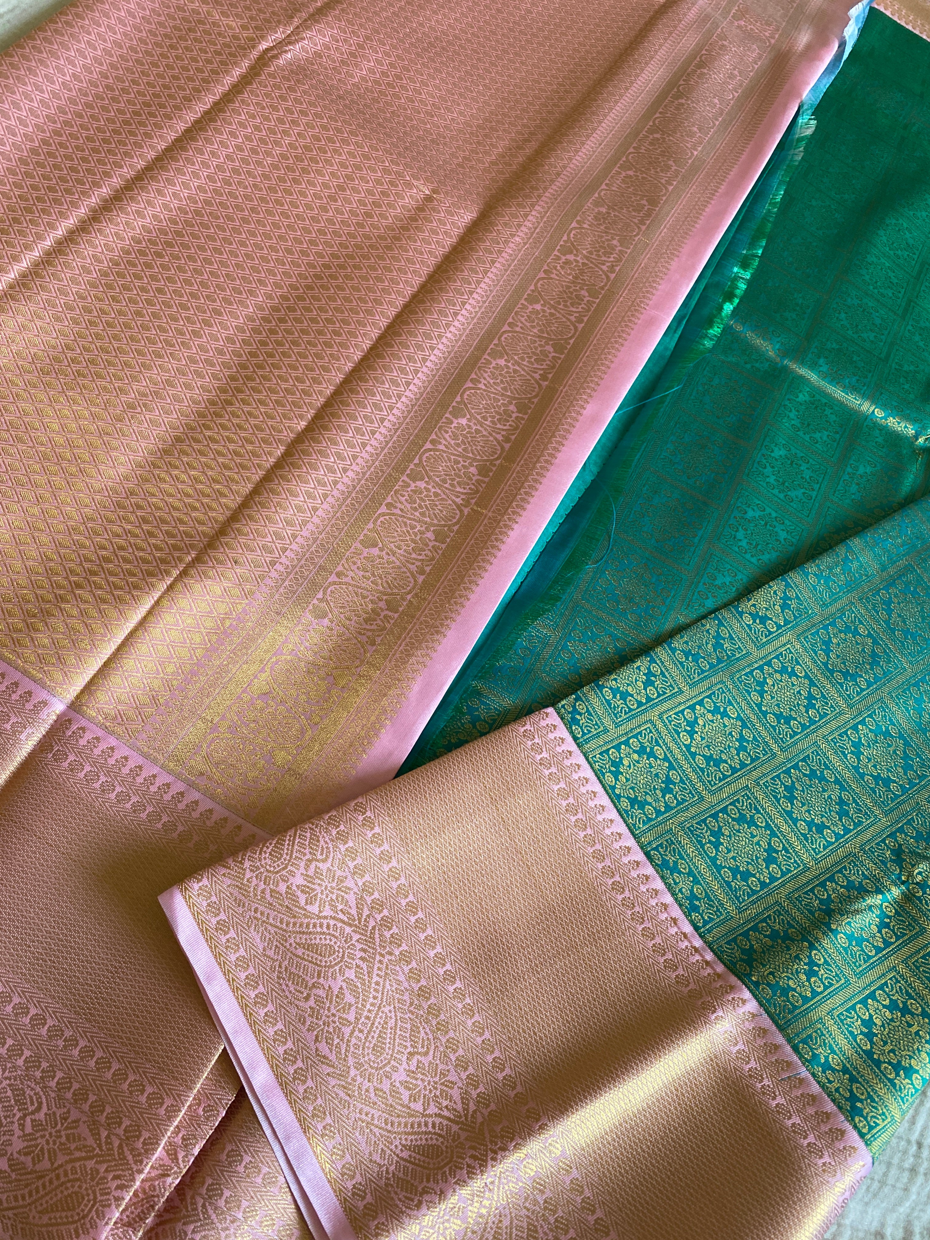 Emerald Green Semi-Kanchipuram Silk Saree with Baby Pink Zari Border & Woven Pallu