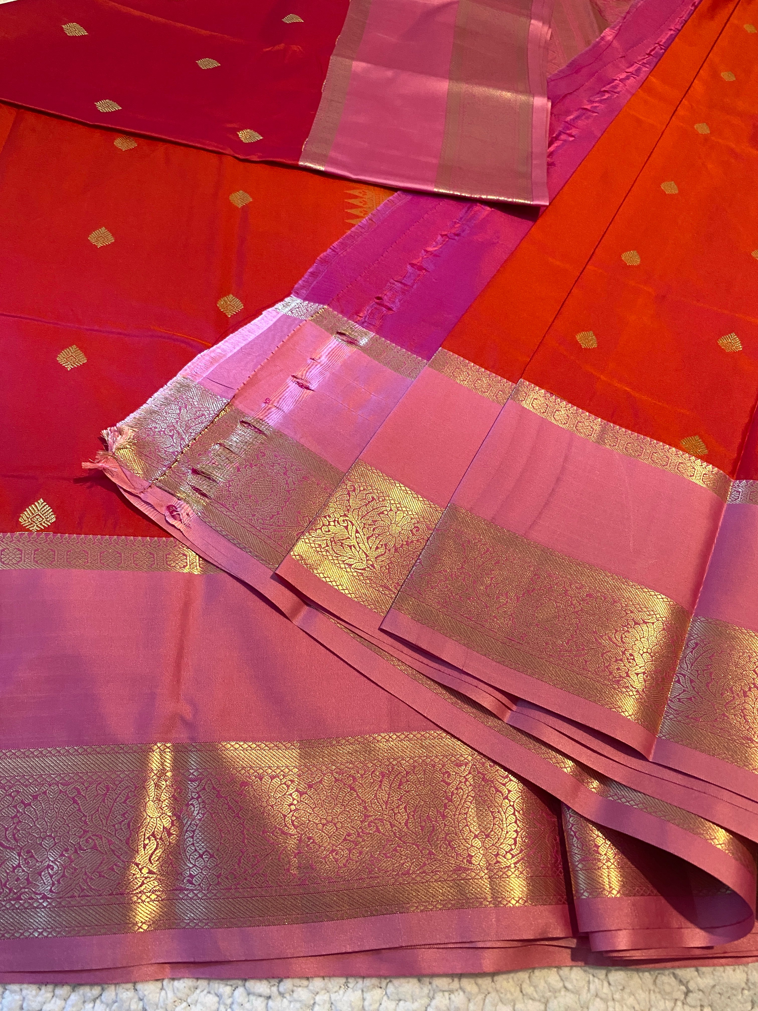 Semi-Kanchipuram Silk Saree in Dual-Tone Deep Pink & Orange with Rose Pink Pallu & Gold Zari Border