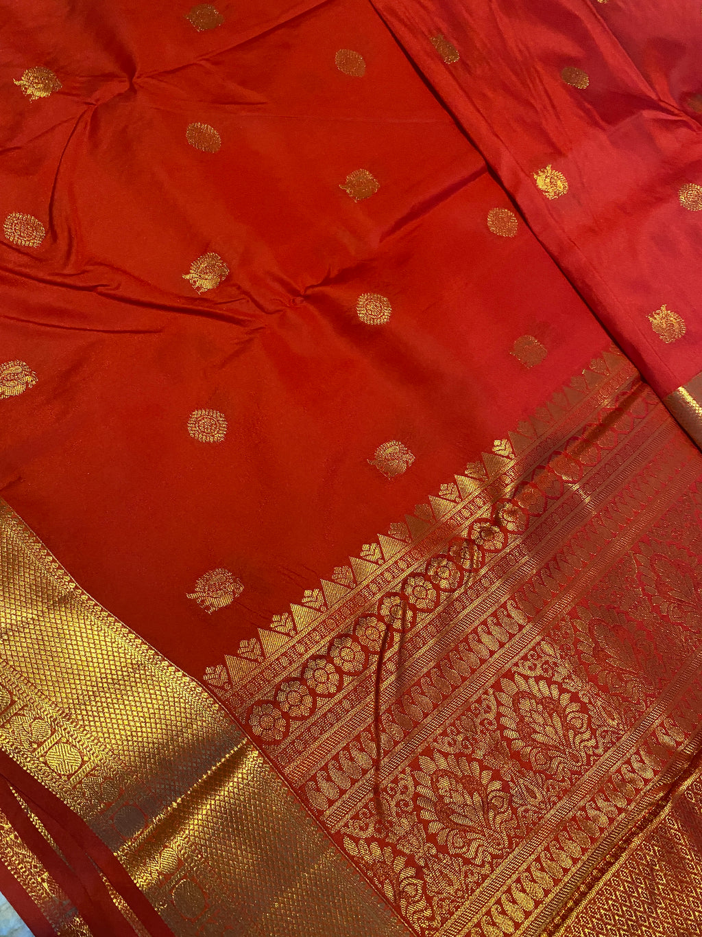 Red Semi-Kanchipuram Silk Saree with Gold Zari Border