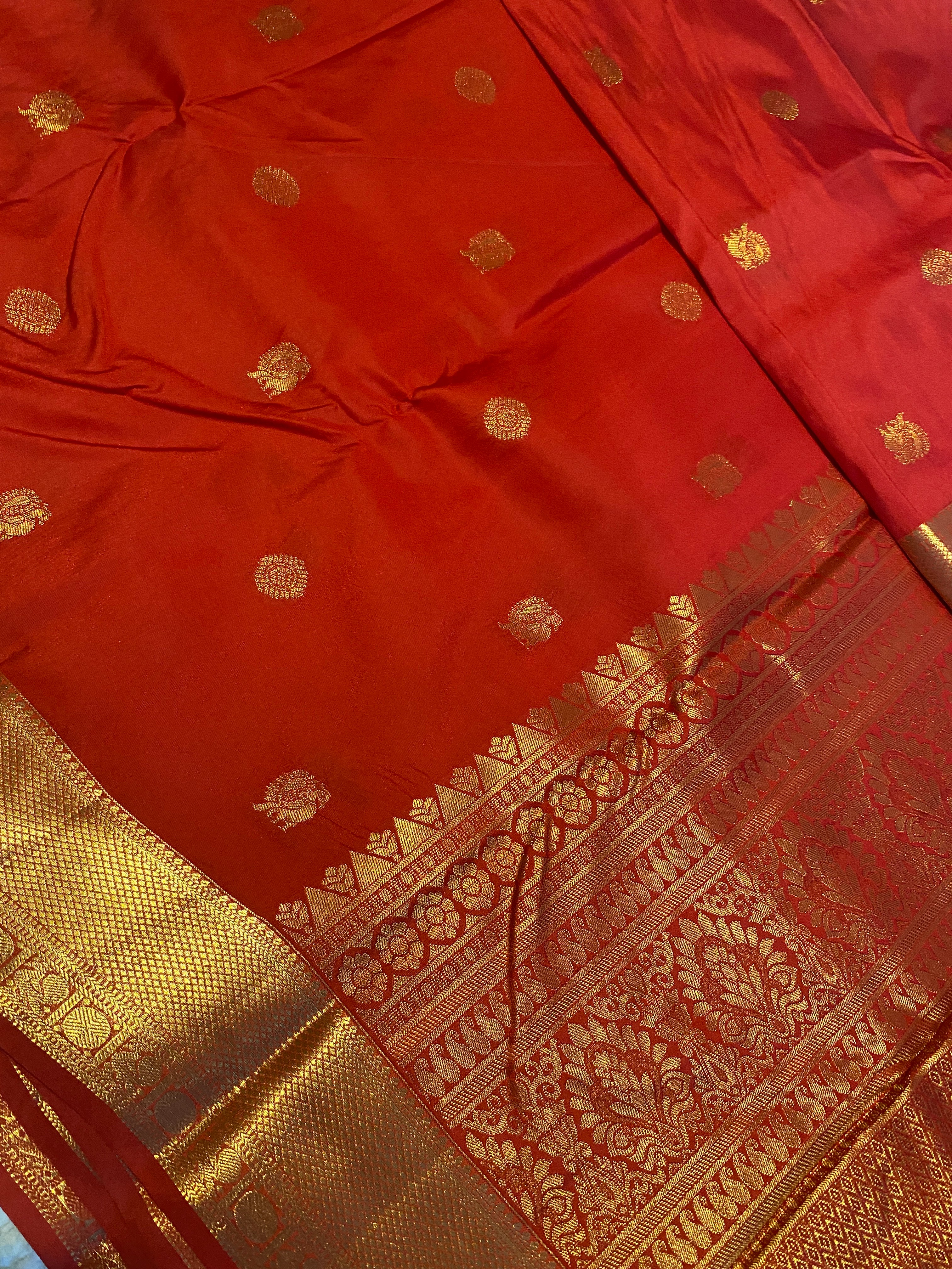 Red Semi-Kanchipuram Silk Saree with Gold Zari Border