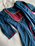 Peacock Blue Handworked Semi-Raw Silk A-Line Top with Dupatta