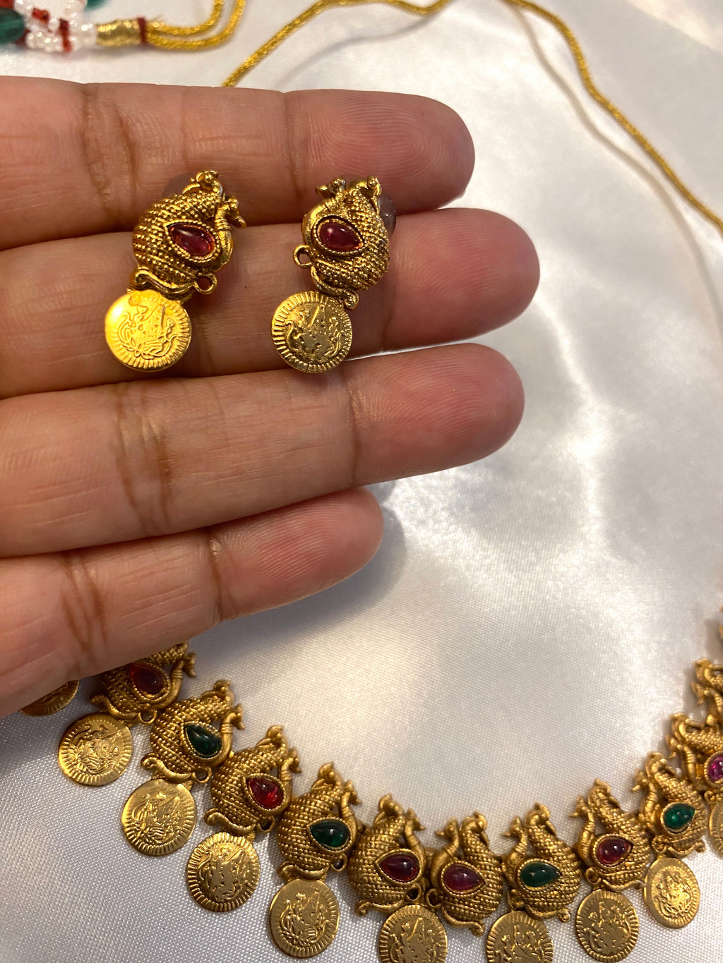 Antique Gold-Tone Ruby & Green Temple-Style Necklace Set