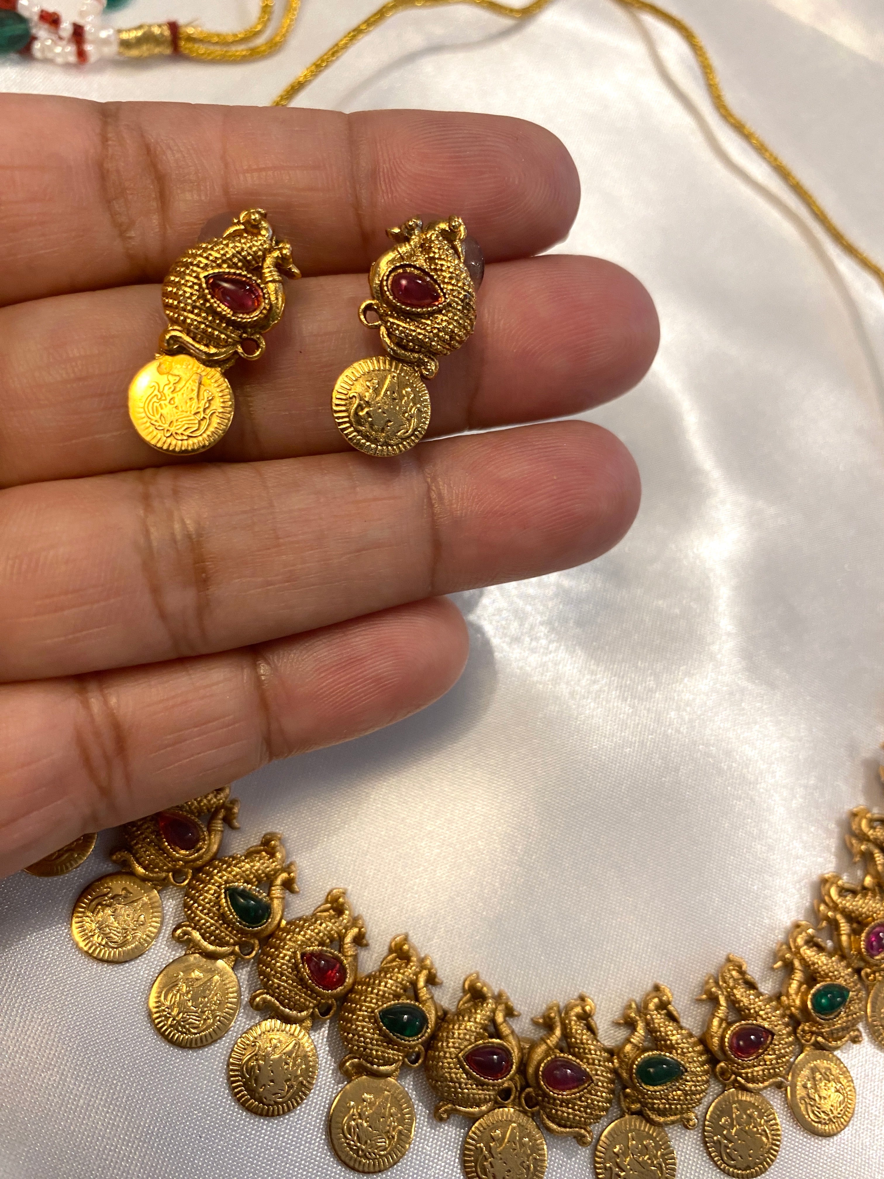 Antique Gold-Tone Ruby & Green Temple-Style Necklace Set