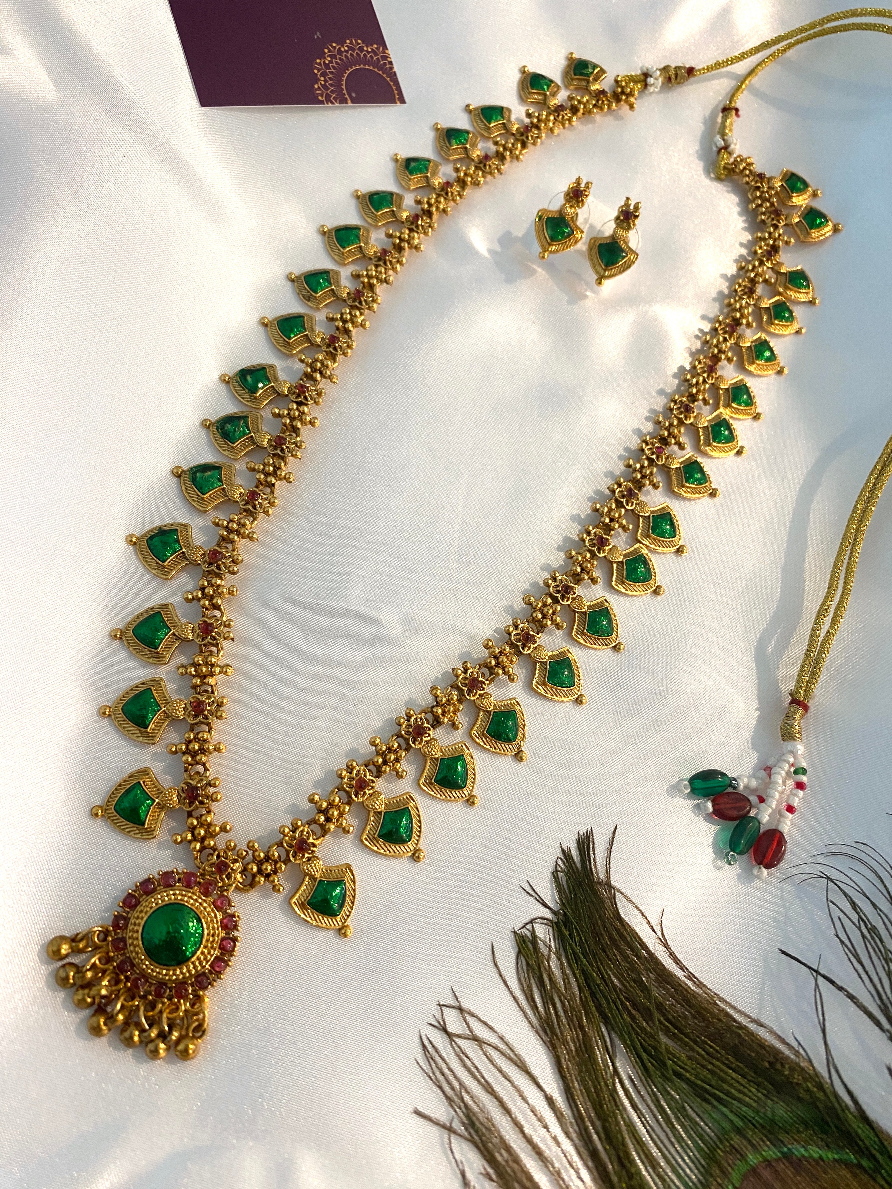 Green Palakka Haram Necklace Set | Traditional Kerala Jewelry