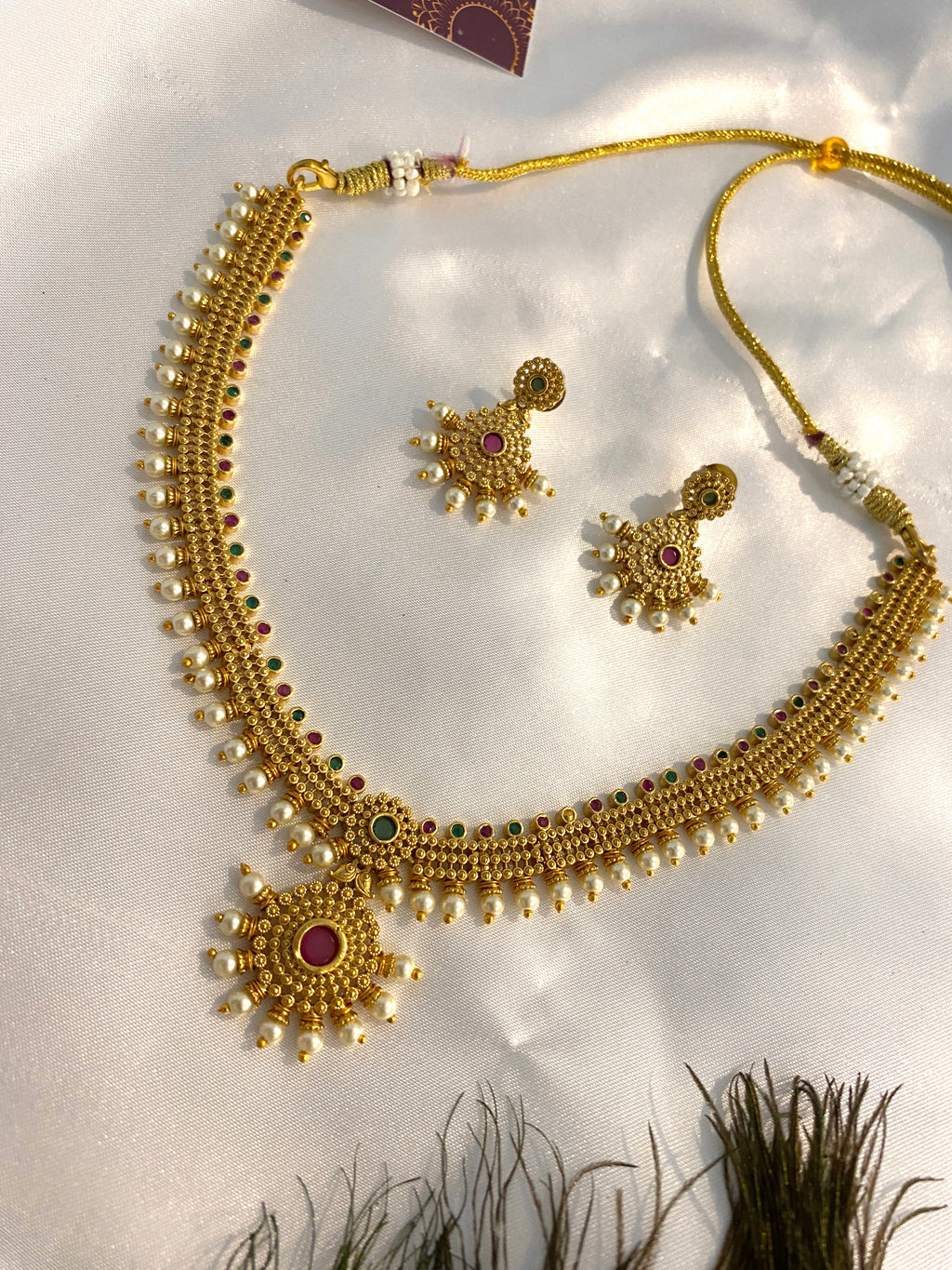 Traditional Antique Gold Necklace Set with Ruby, Green Stone & Pearl Drops