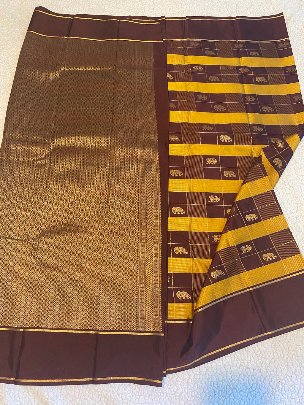 Dark Chocolate Brown Semi-Kanchipuram Silk Saree with Traditional Woven Motifs & Gold Zari Pallu