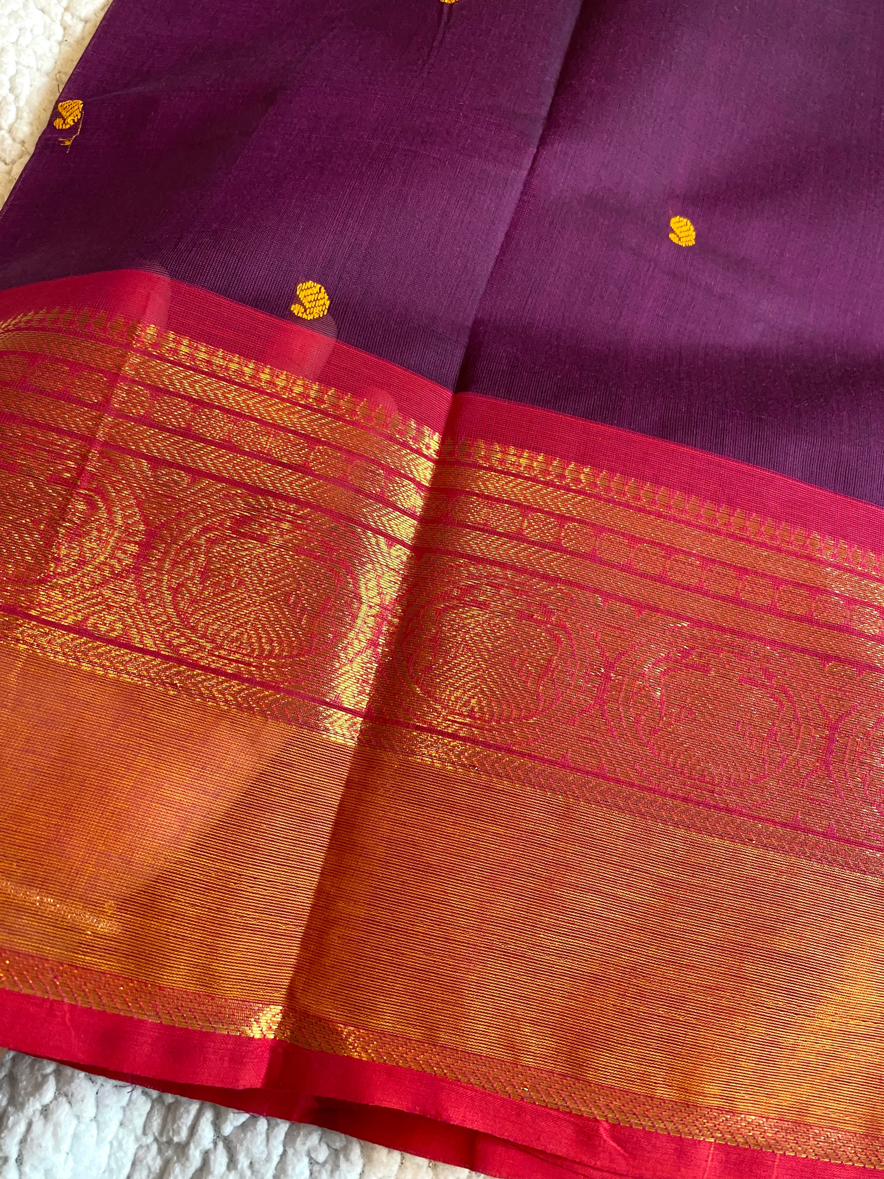 Purple Pure Kanchi Cotton Saree with Contrast Orange Border