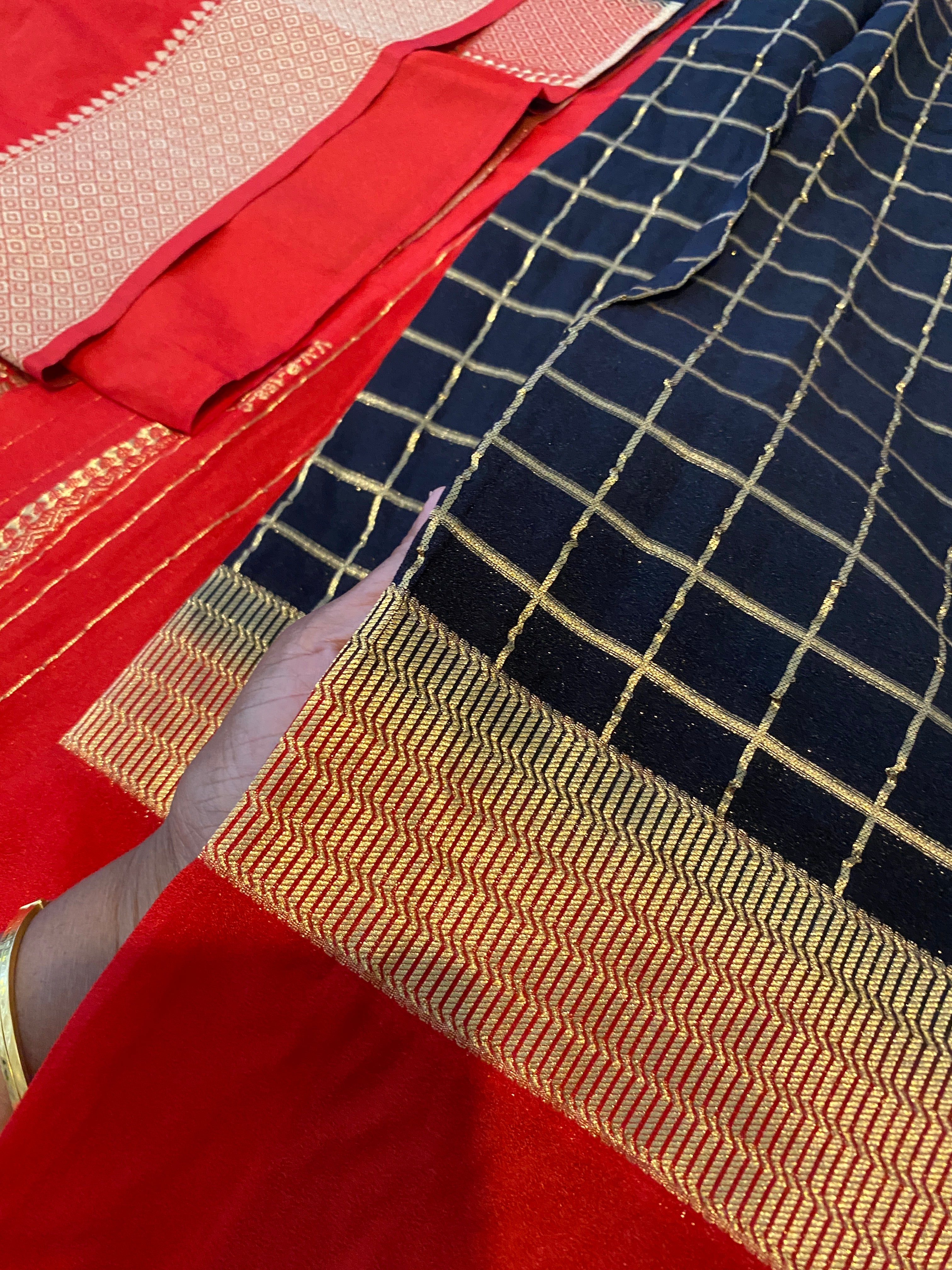 Georgette Saree in Black & Red with Gold Zari Checks
