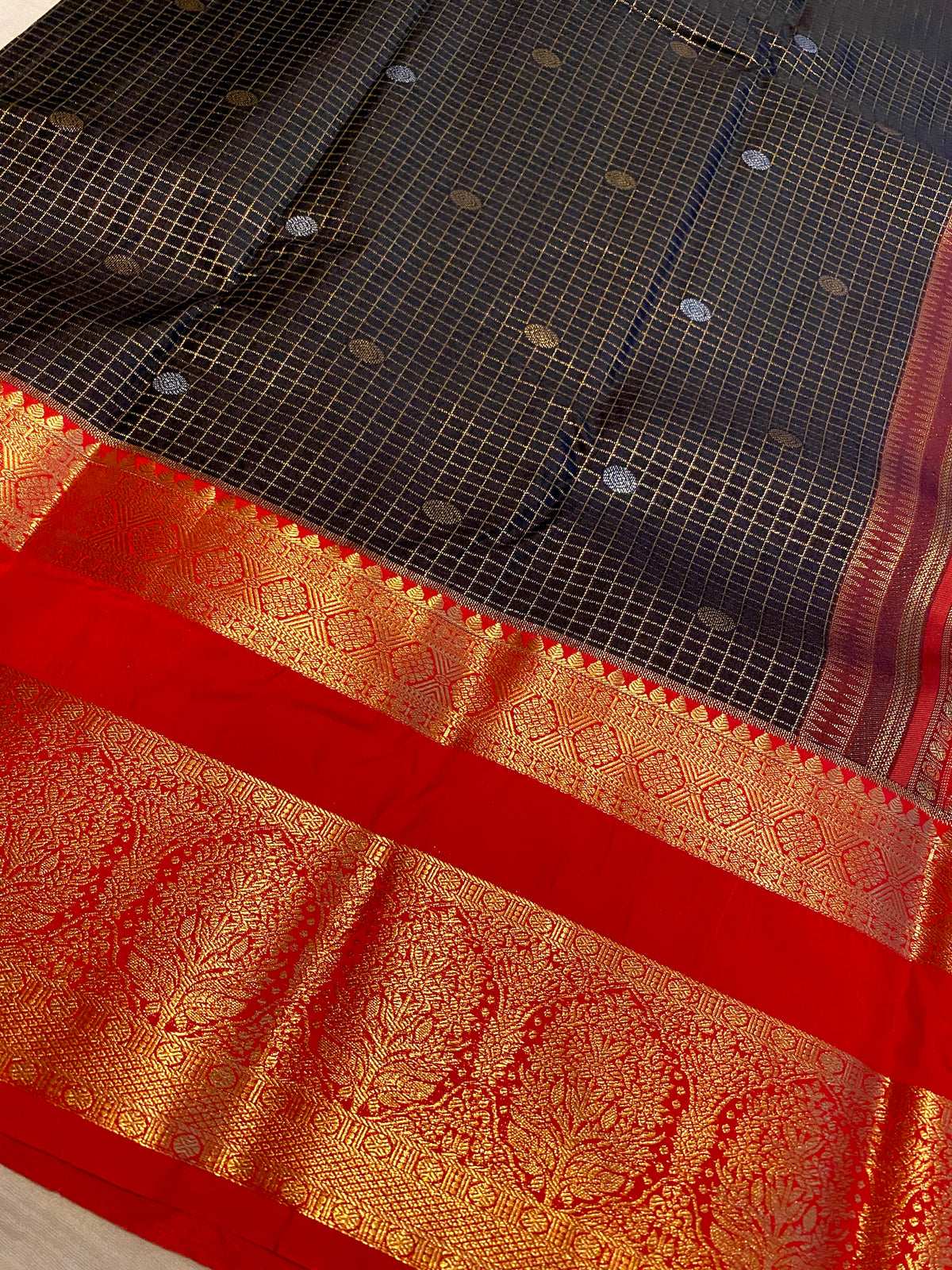 Premium Black & Red Semi-Kanchipuram Silk Saree with Gold Zari