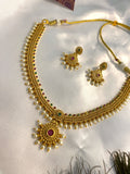 Traditional Antique Gold Necklace Set with Ruby, Green Stone & Pearl Drops