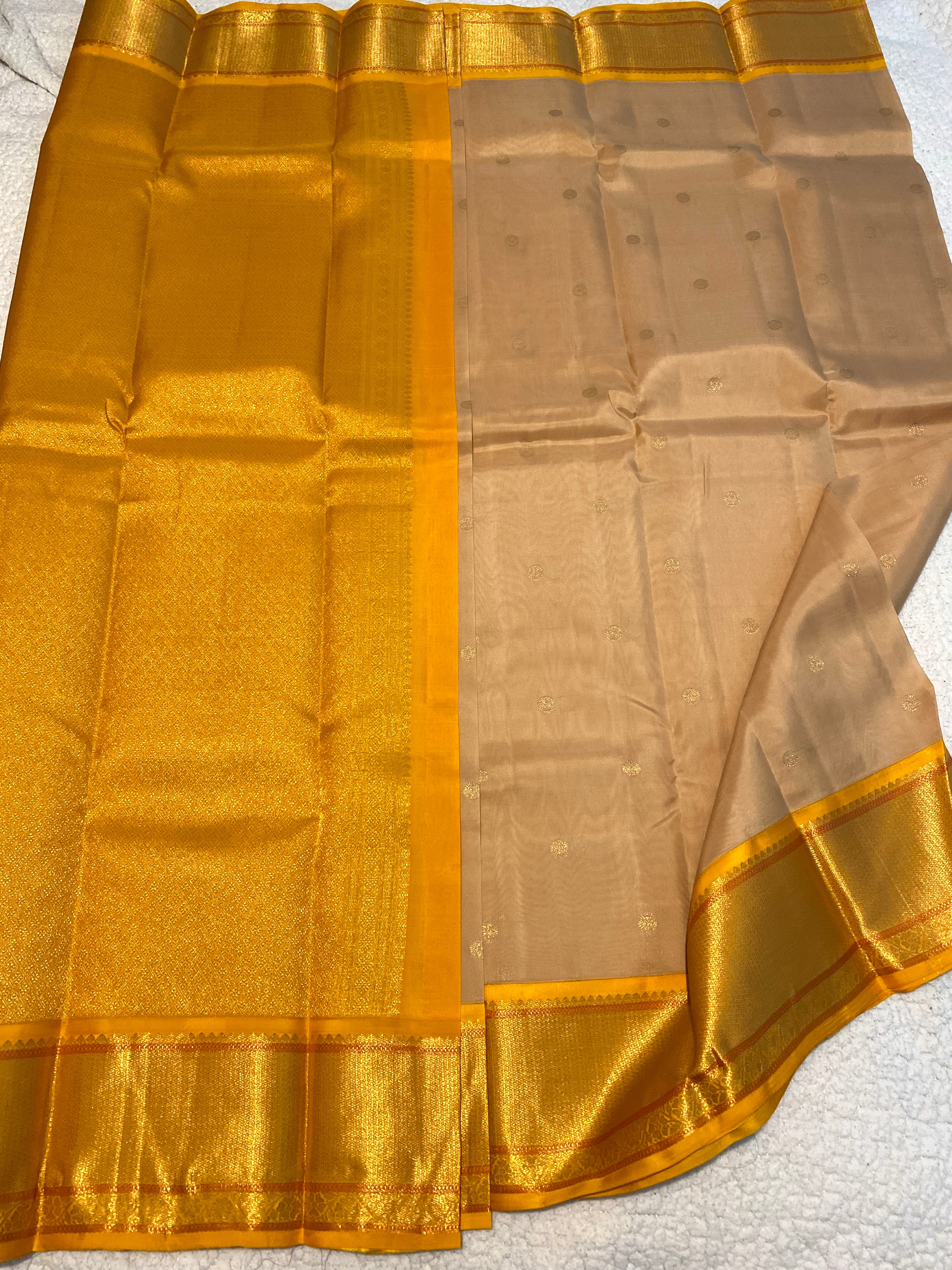 Pure Kanchipuram Silk Saree | Elegant Beige with Traditional Golden Yellow Zari Border
