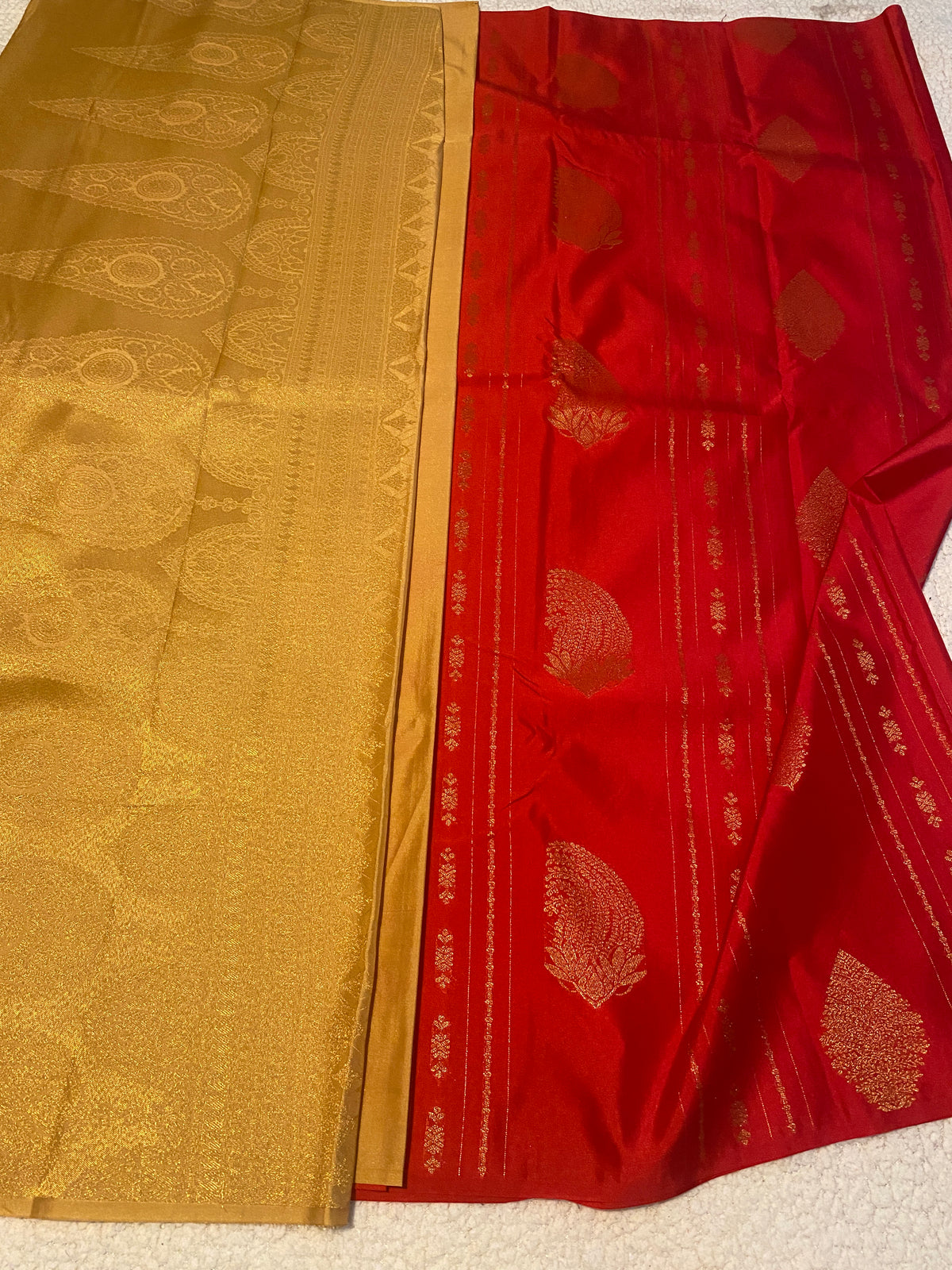 Red Semi-Kanchipuram Silk Saree with Gold Zari Motifs & Rich Woven Pallu