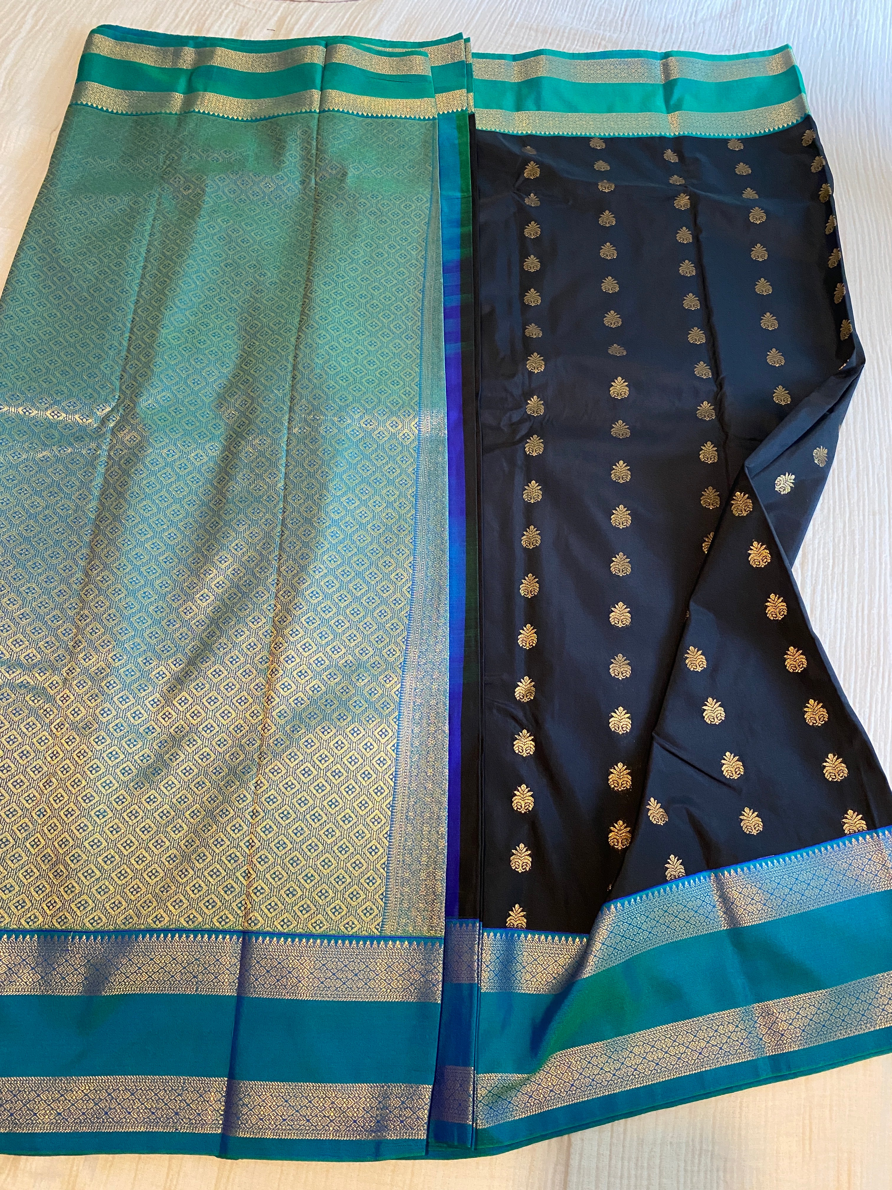 Black Premium Semi-Kanchipuram Silk Saree with Peacock Blue Zari Border & Gold Zari Motifs