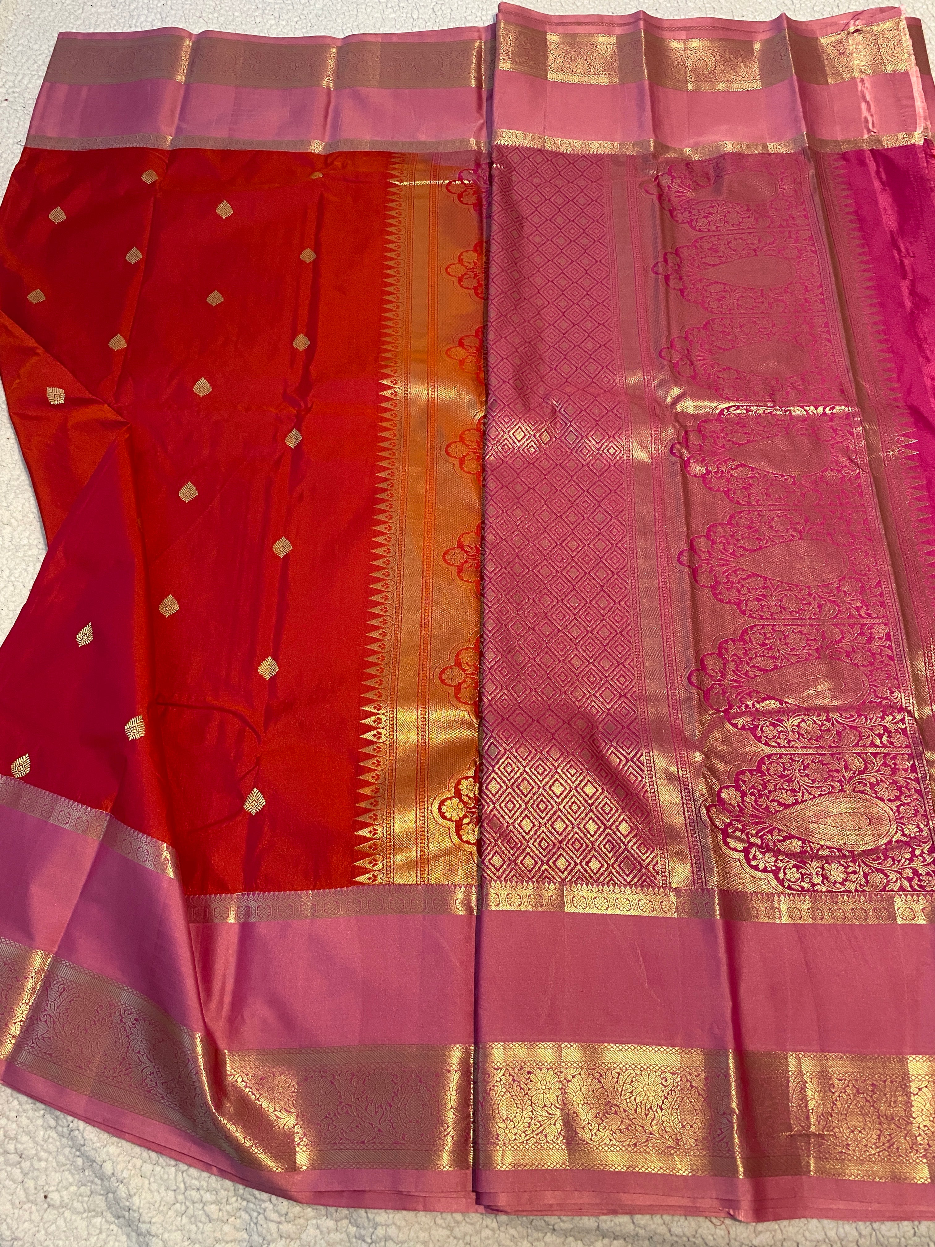 Semi-Kanchipuram Silk Saree in Dual-Tone Deep Pink & Orange with Rose Pink Pallu & Gold Zari Border