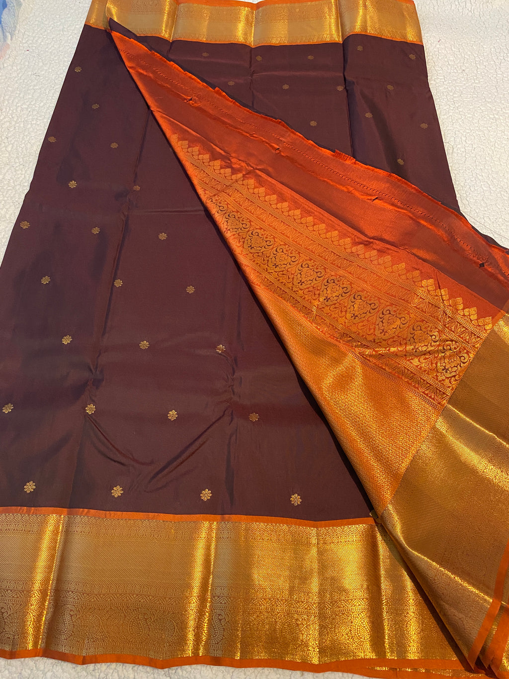 Coffee Maroon & Rust Orange Semi-Kanchipuram Silk Saree with Gold Zari Border