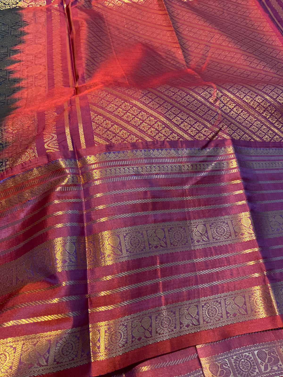 Premium Green & Rust Orange Semi-Kanchipuram Silk Saree with Gold Zari