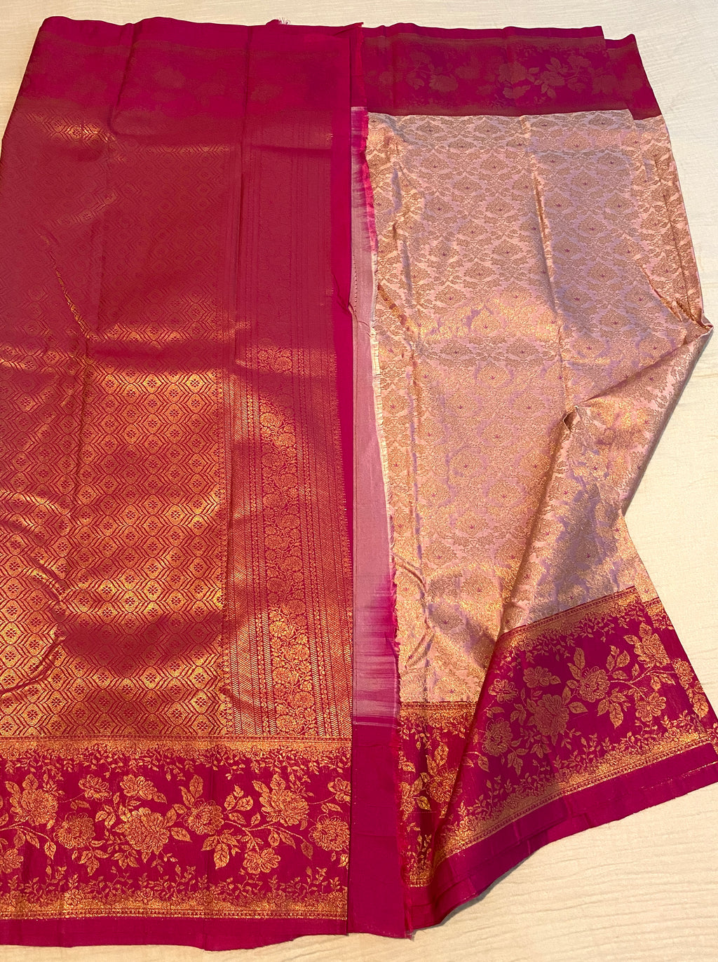 Blush Pink Premium Semi-Kanchipuram Silk Saree with Magenta Pink Floral Gold Zari Border & Pallu