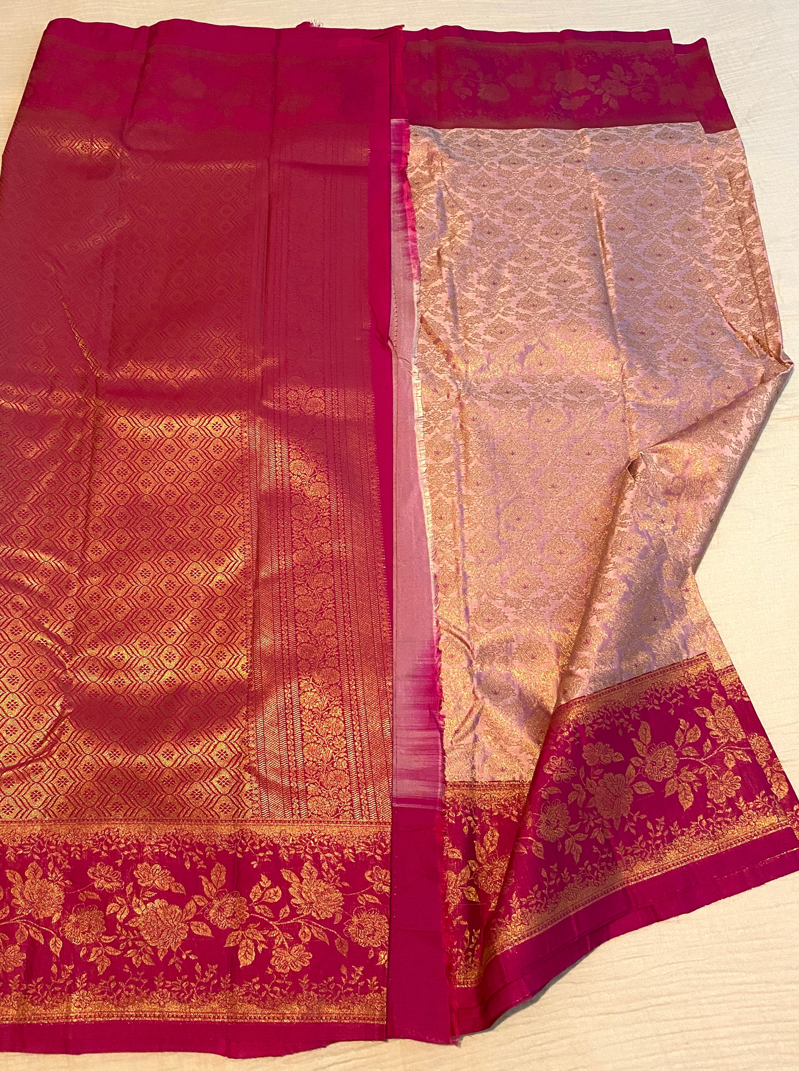 Blush Pink Premium Semi-Kanchipuram Silk Saree with Magenta Pink Floral Gold Zari Border & Pallu
