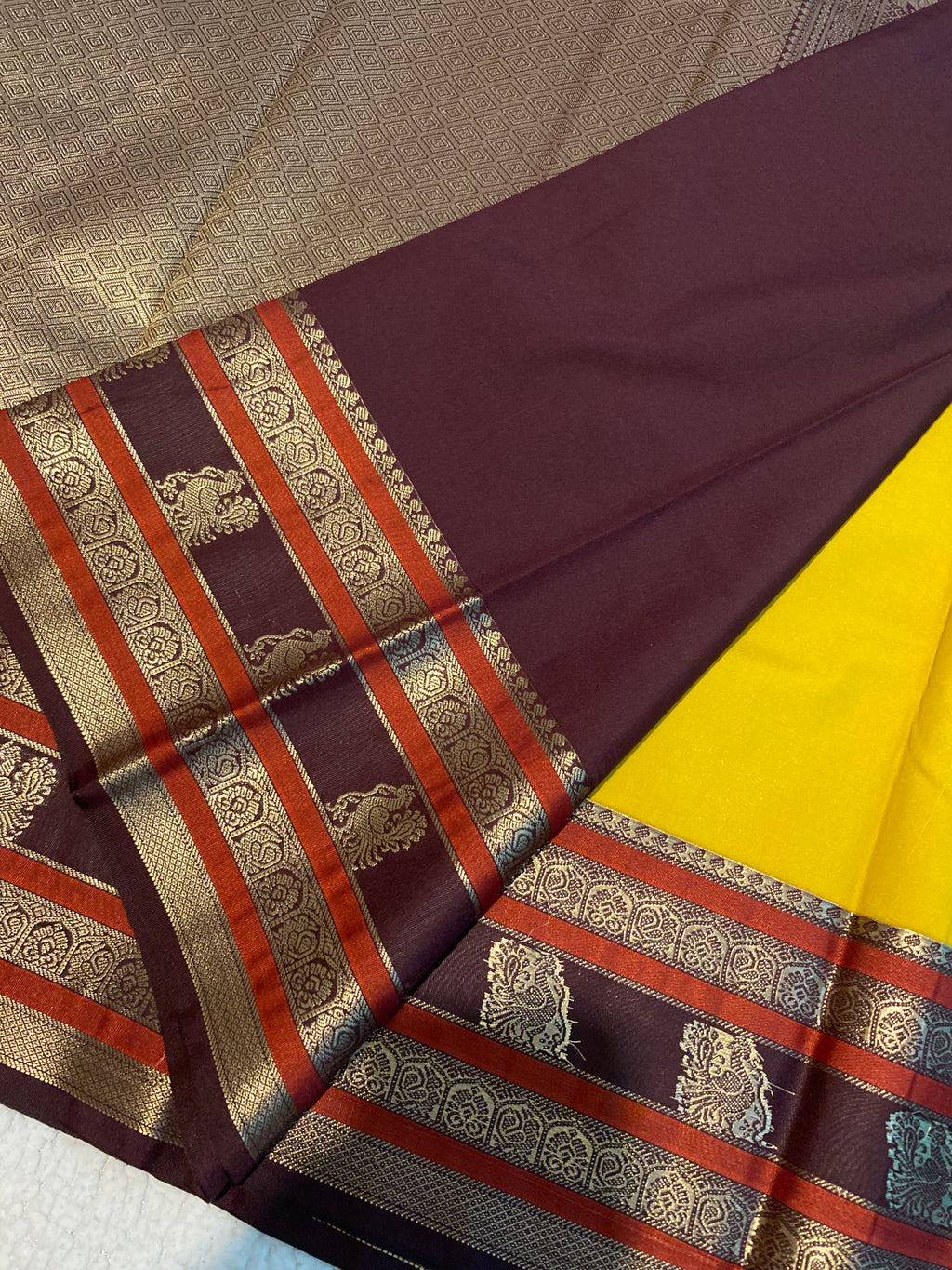Golden Yellow & Deep Plum Semi-Kanchipuram Silk Saree with Peacock Zari Motifs