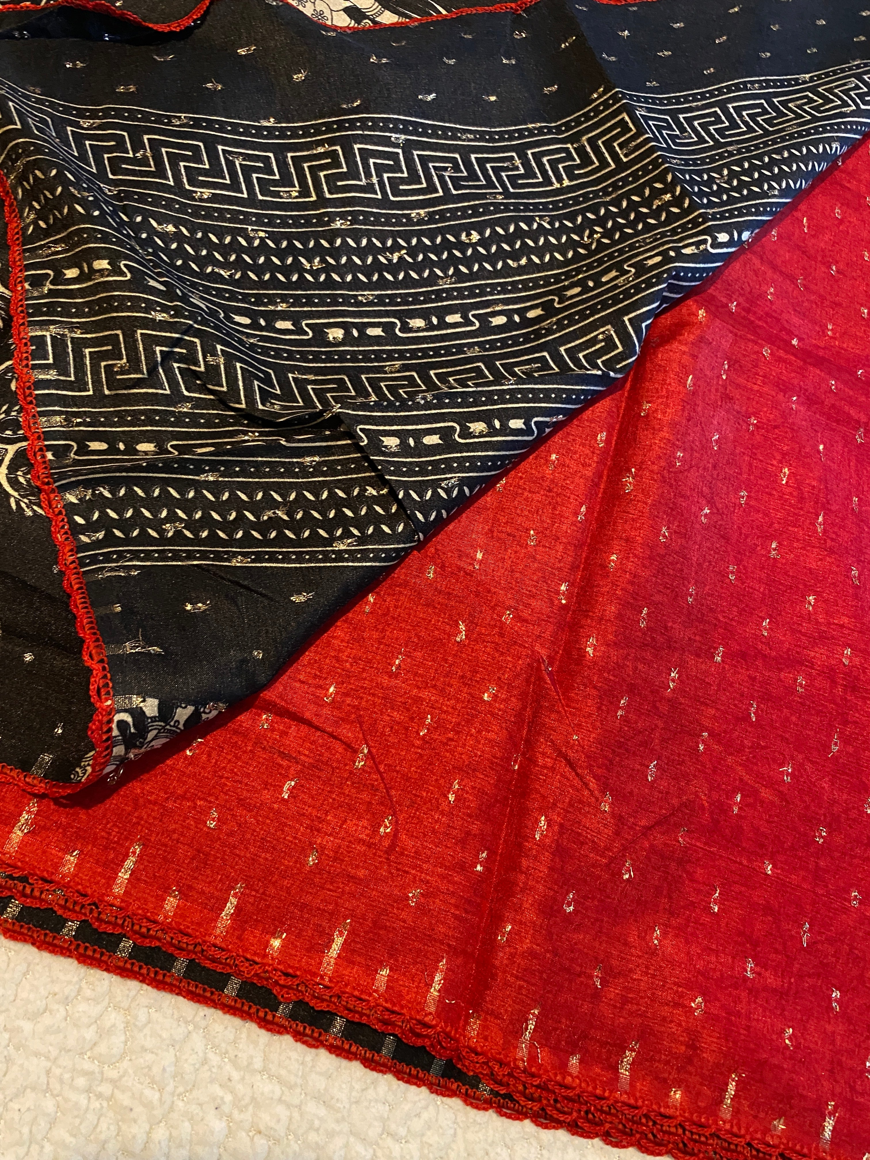 Black Fancy Cotton Saree with Elephant Motif | Elegant Ethnic Wear with Contrast Red Border