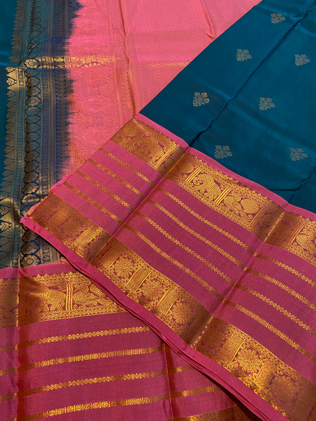 Premium Blue and Pink Semi-Kanchipuram Silk Saree with Gold Zari Border