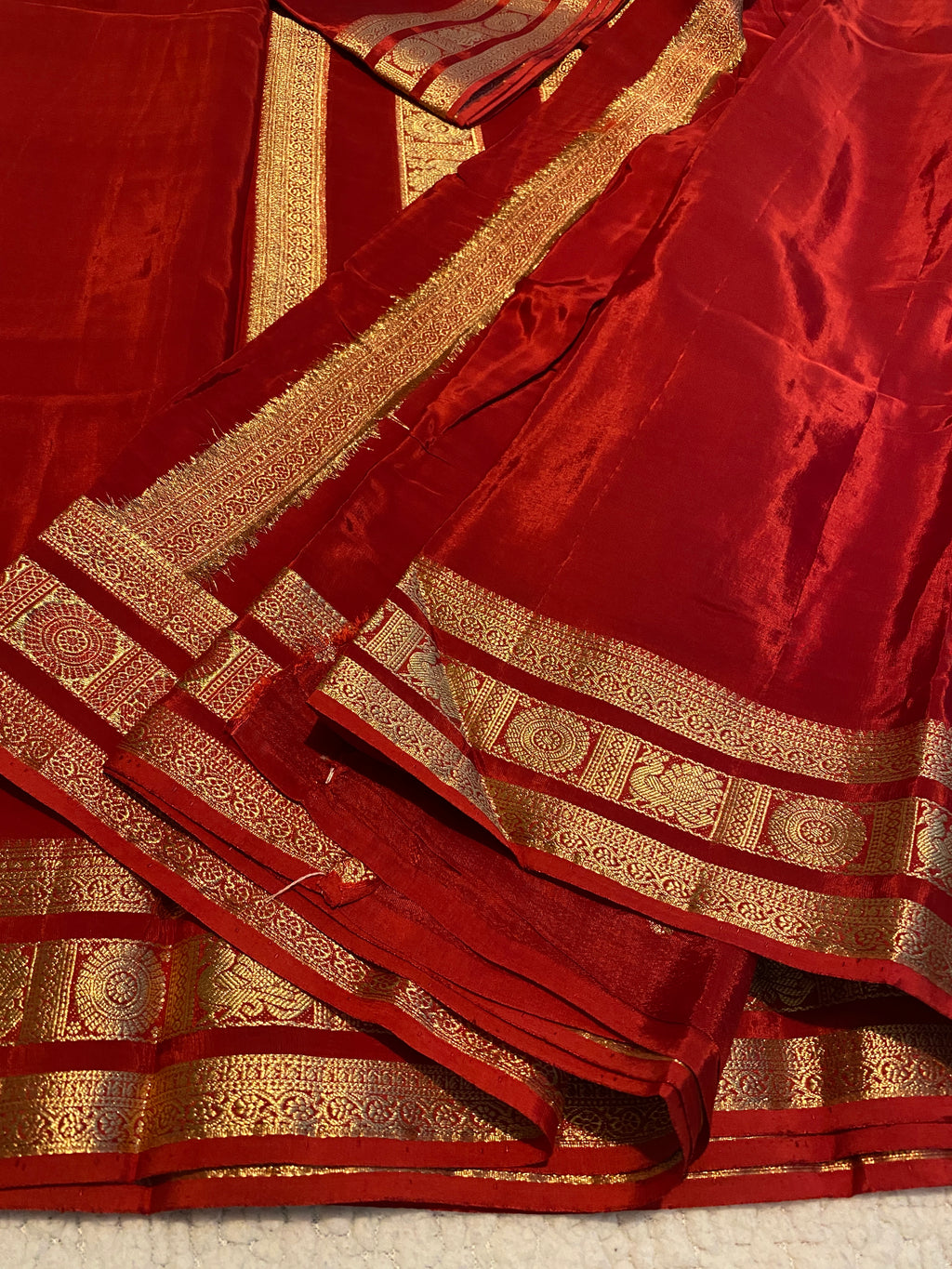 Red Satin Crepe Saree with Traditional Gold Zari Border