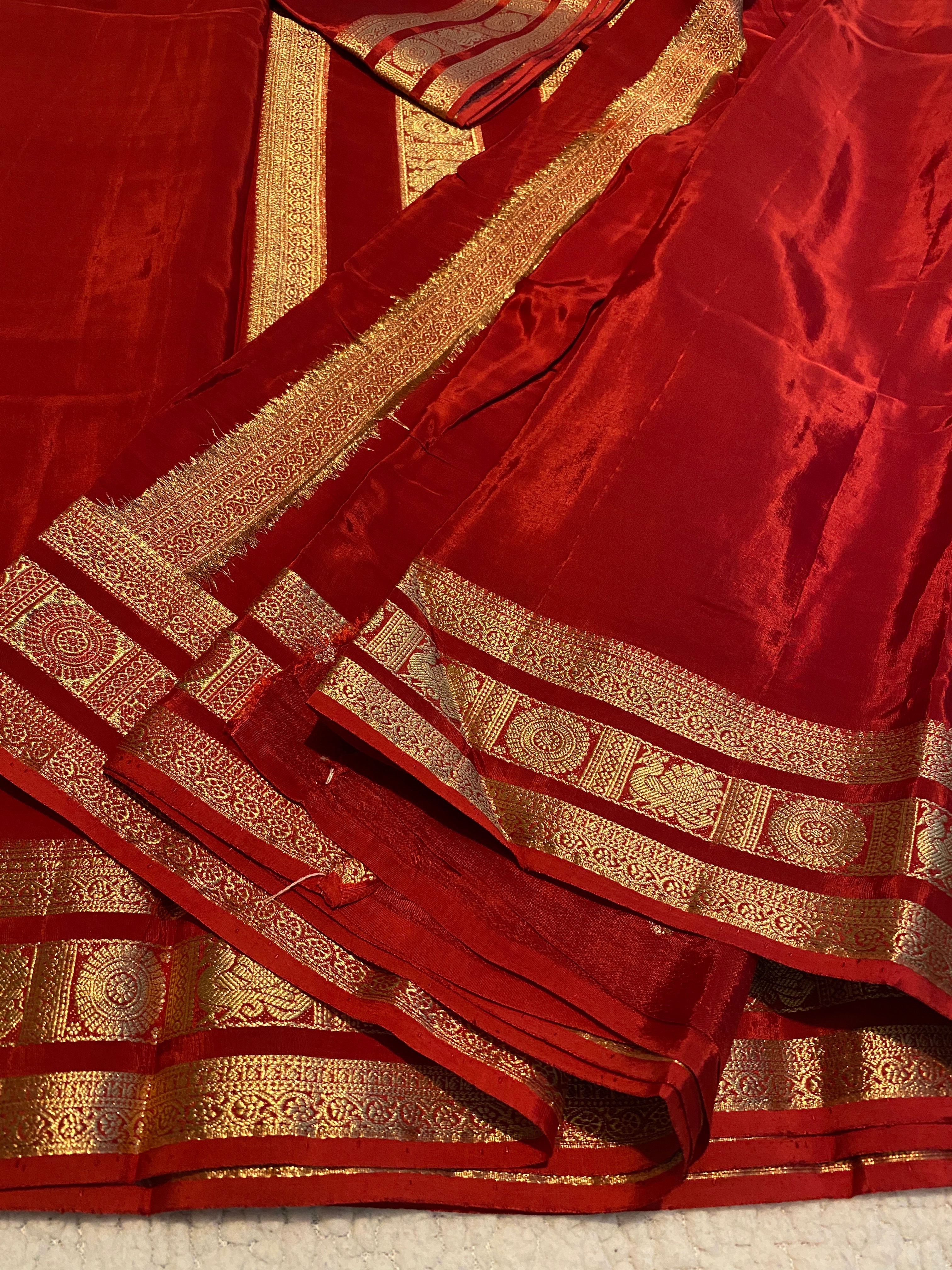 Red Satin Crepe Saree with Traditional Gold Zari Border