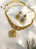 Traditional U-Shape Necklace Set with Earrings – Green & Ruby Stone with Pearl Accents