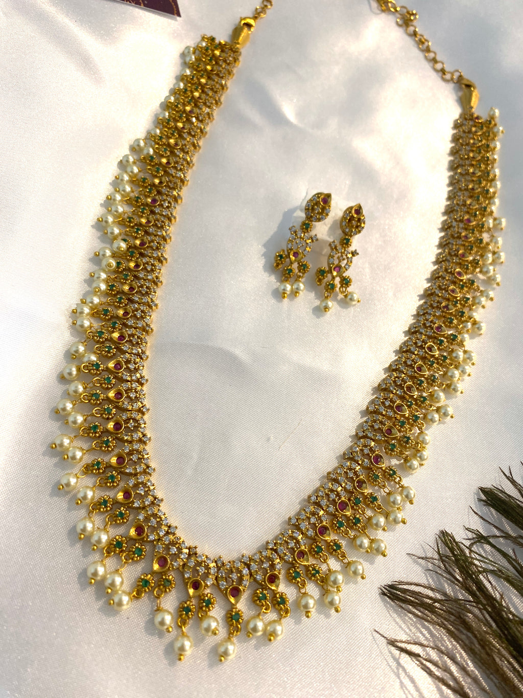 Multi-Color stones with Pearl Haram Set | Antique Gold Long Necklace