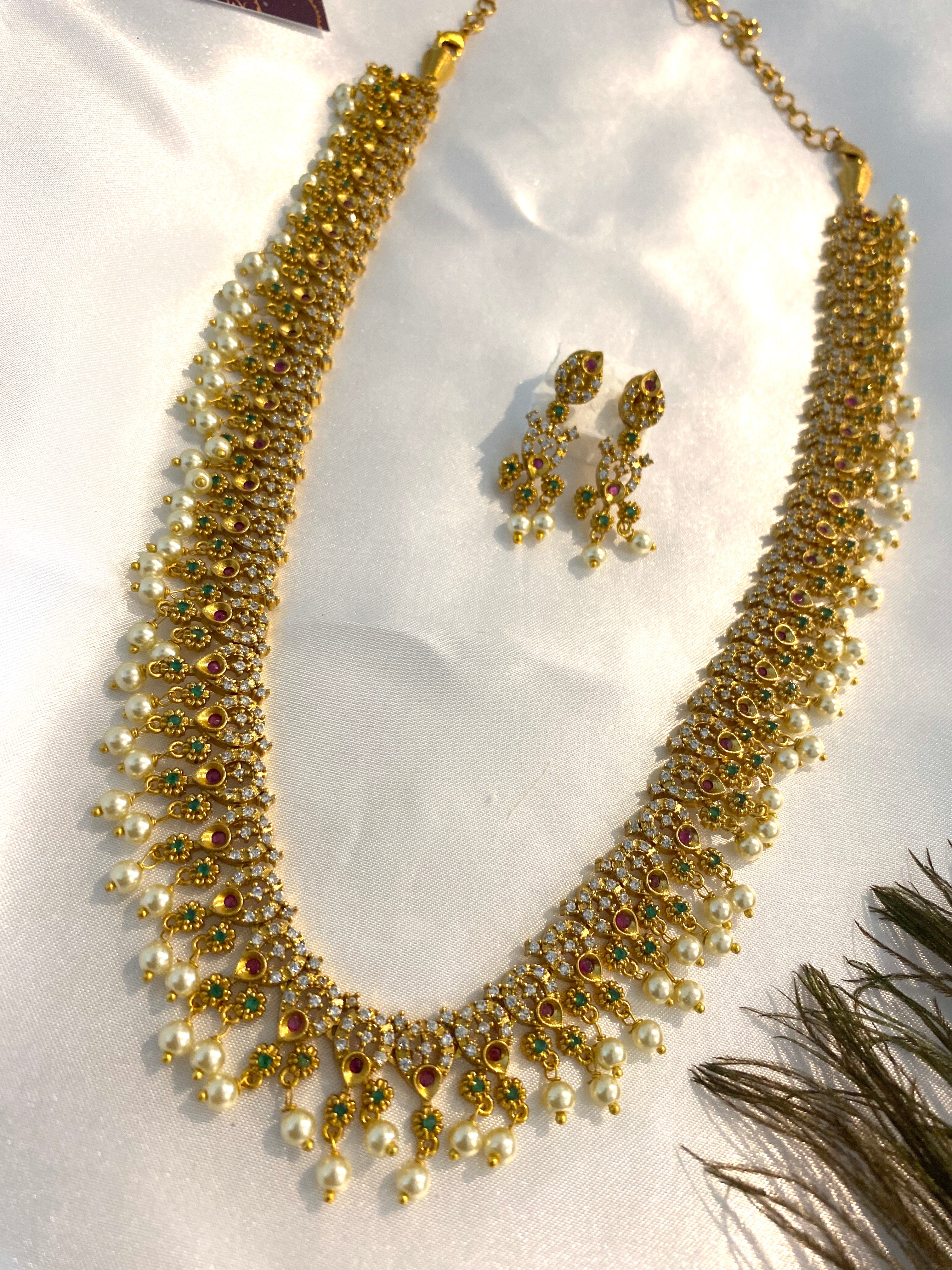 Multi-Color stones with Pearl Haram Set | Antique Gold Long Necklace