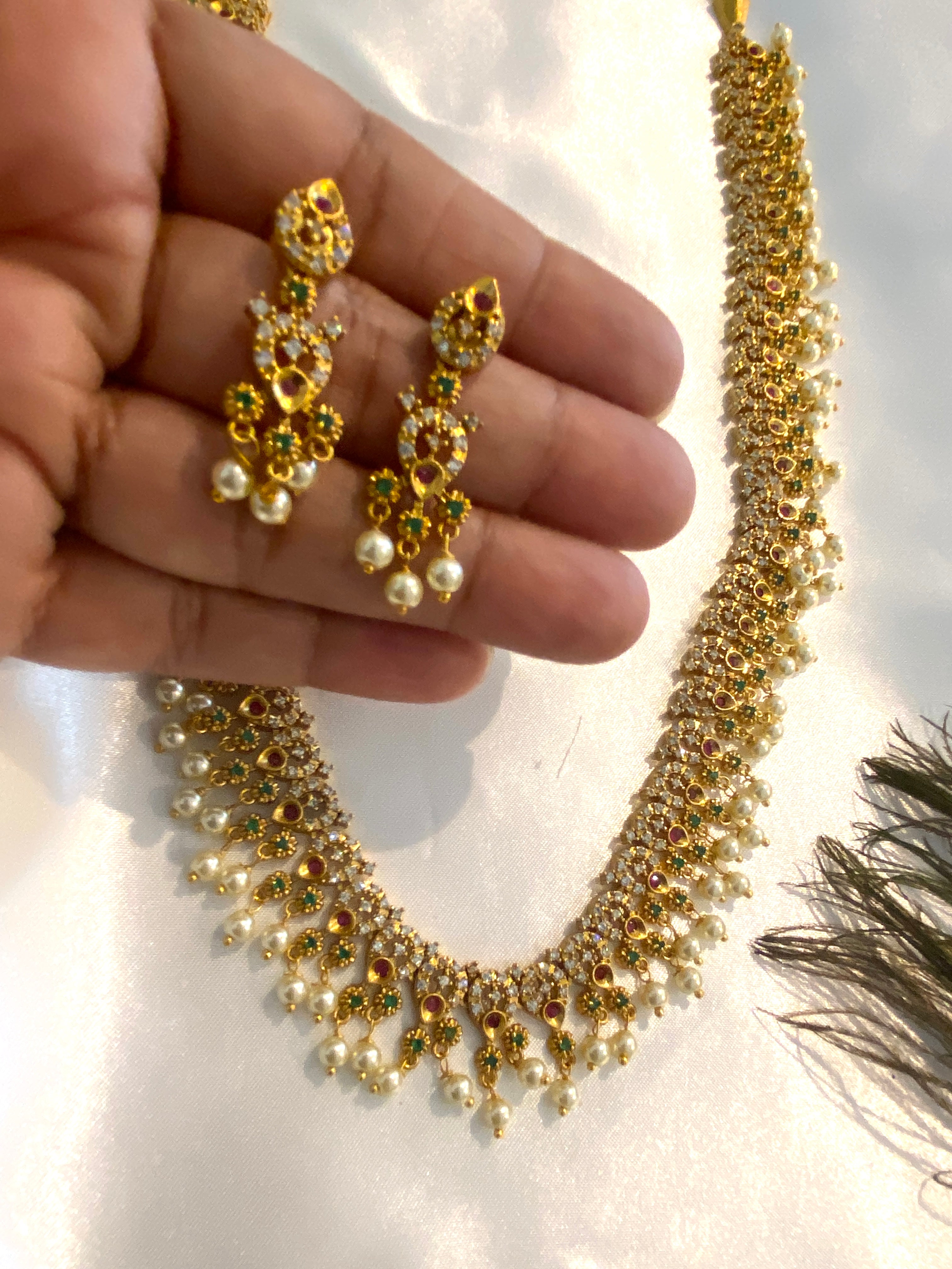 Multi-Color stones with Pearl Haram Set | Antique Gold Long Necklace