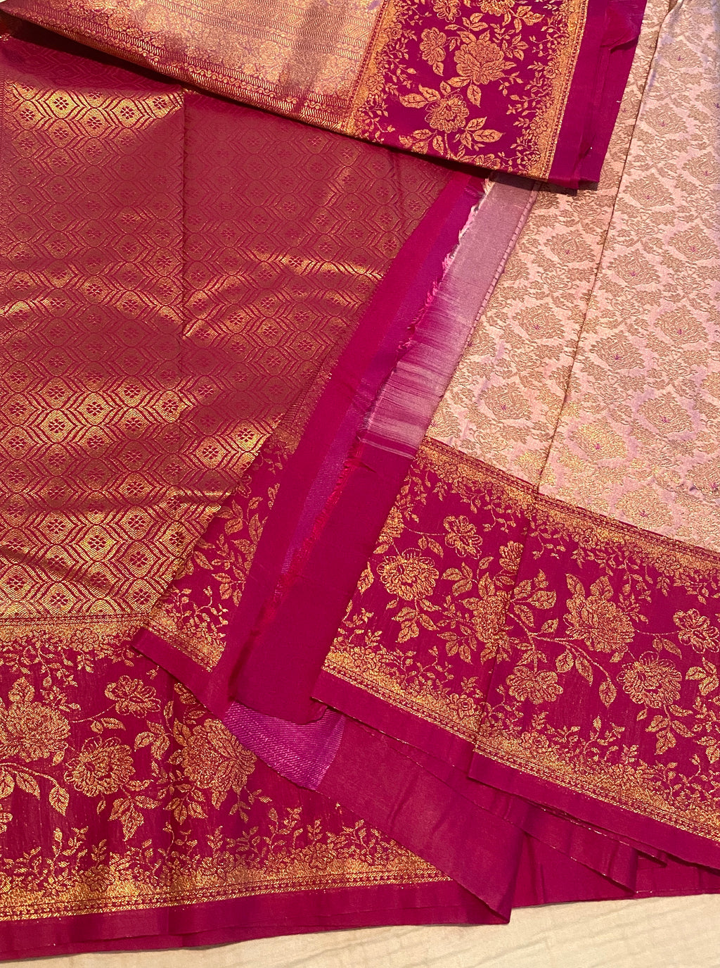 Blush Pink Premium Semi-Kanchipuram Silk Saree with Magenta Pink Floral Gold Zari Border & Pallu