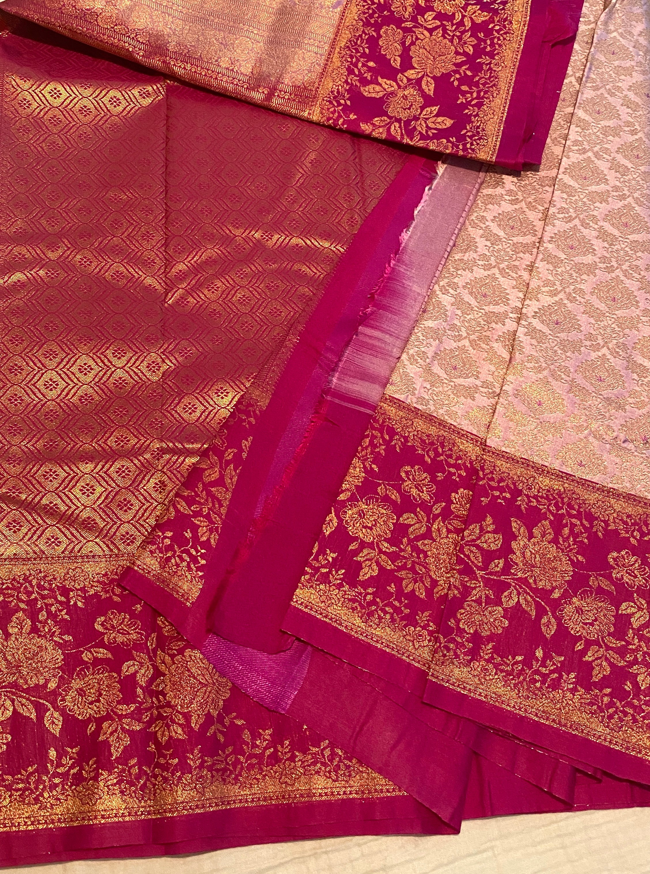 Blush Pink Premium Semi-Kanchipuram Silk Saree with Magenta Pink Floral Gold Zari Border & Pallu
