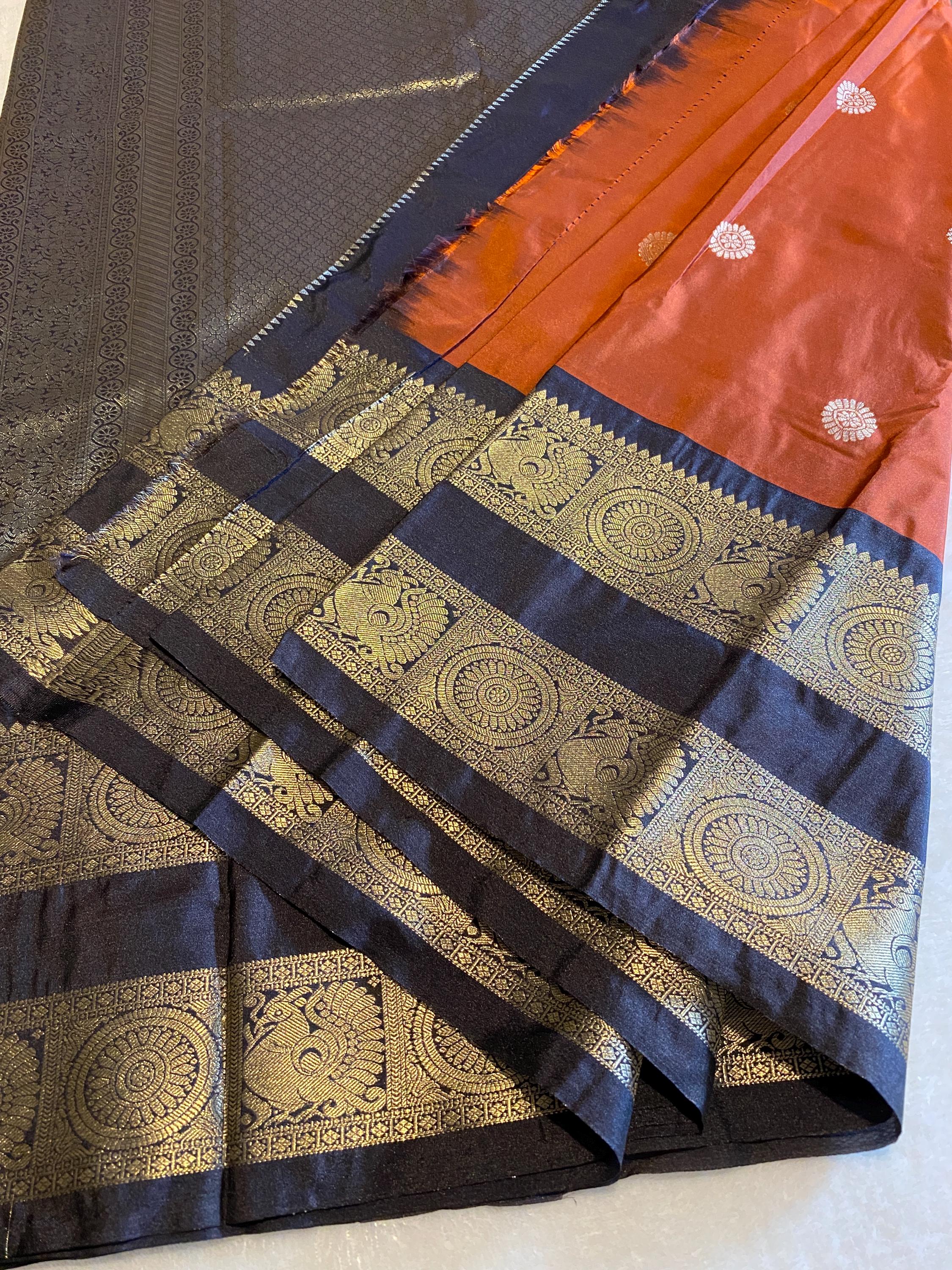Premium Rust Orange Semi Kanchipuram Silk Saree