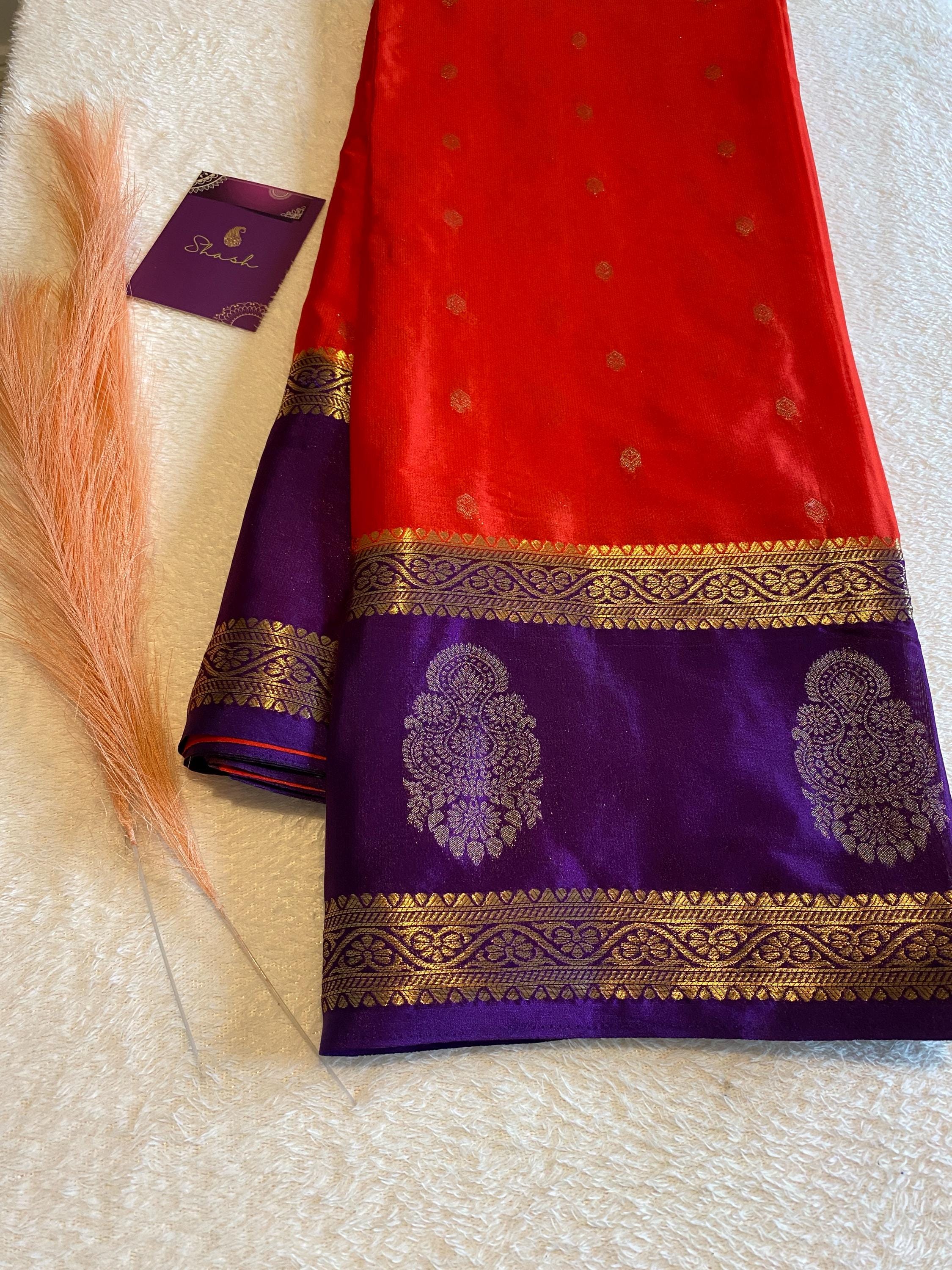 Orange & Purple Semi Mysore Crepe Saree
