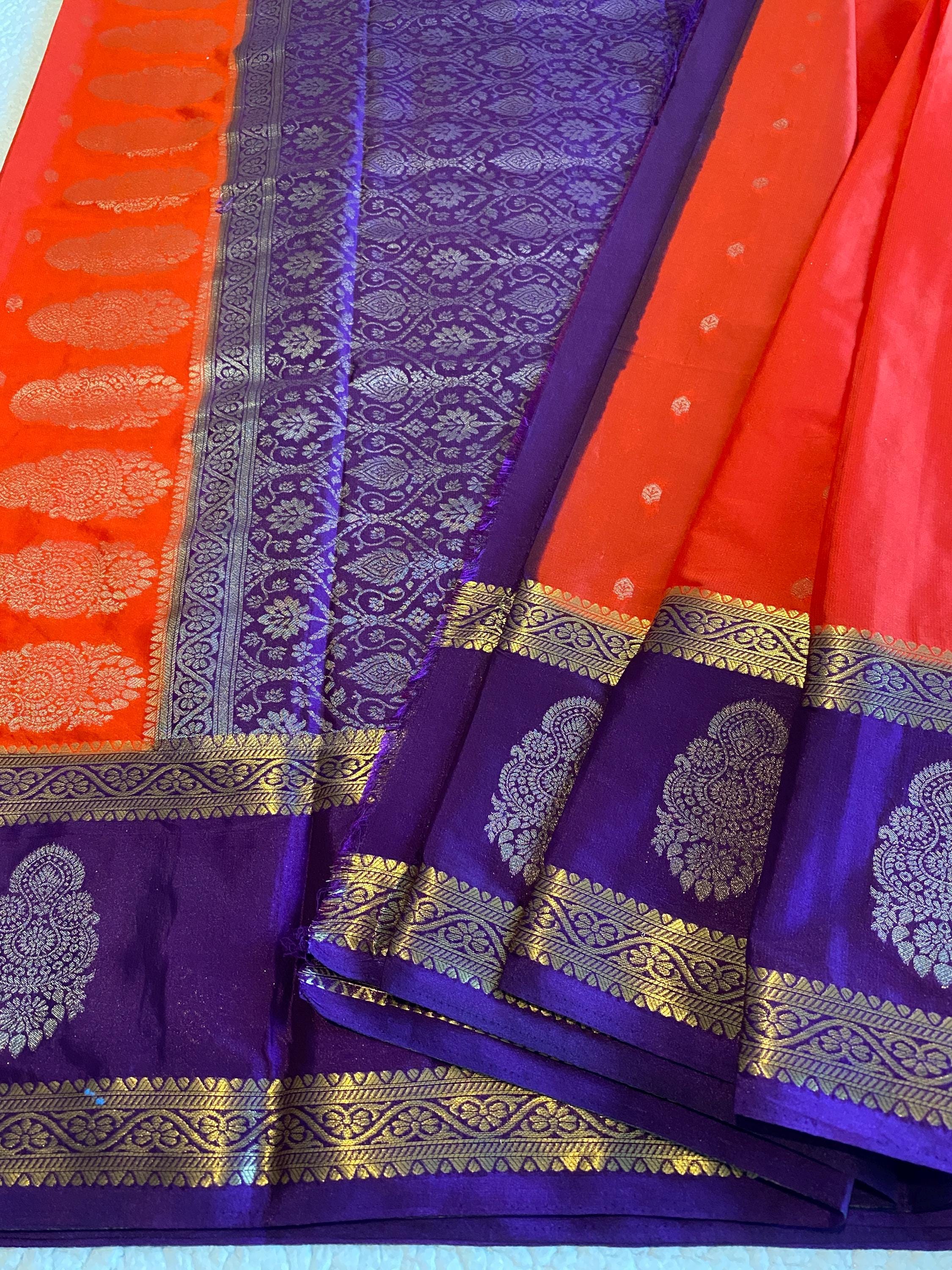 Orange & Purple Semi Mysore Crepe Saree