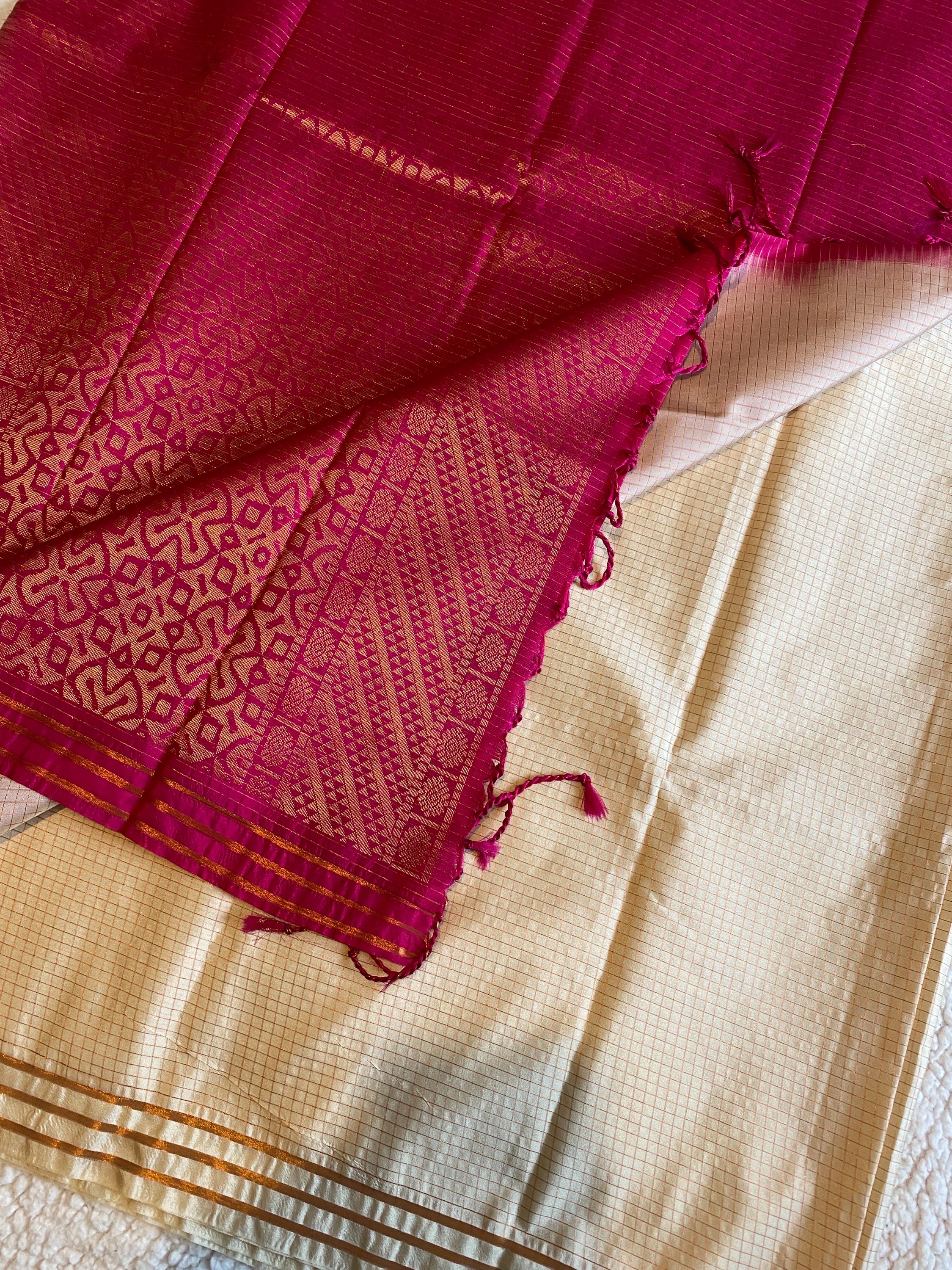 Off-White Semi Kanchipuram Saree with Vibrant Pink Pallu